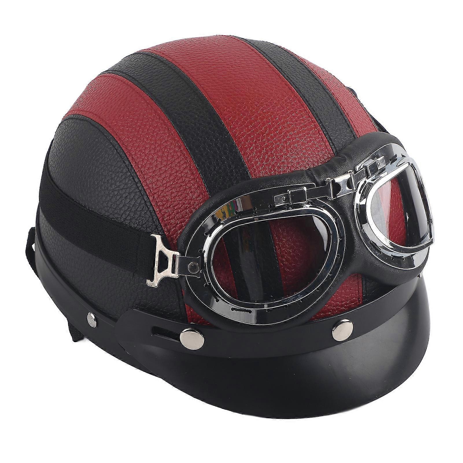 Universal Motorcycle Scooter Red Open Face Half Helmet with Visor, UV Goggles, and Synthetic Leather