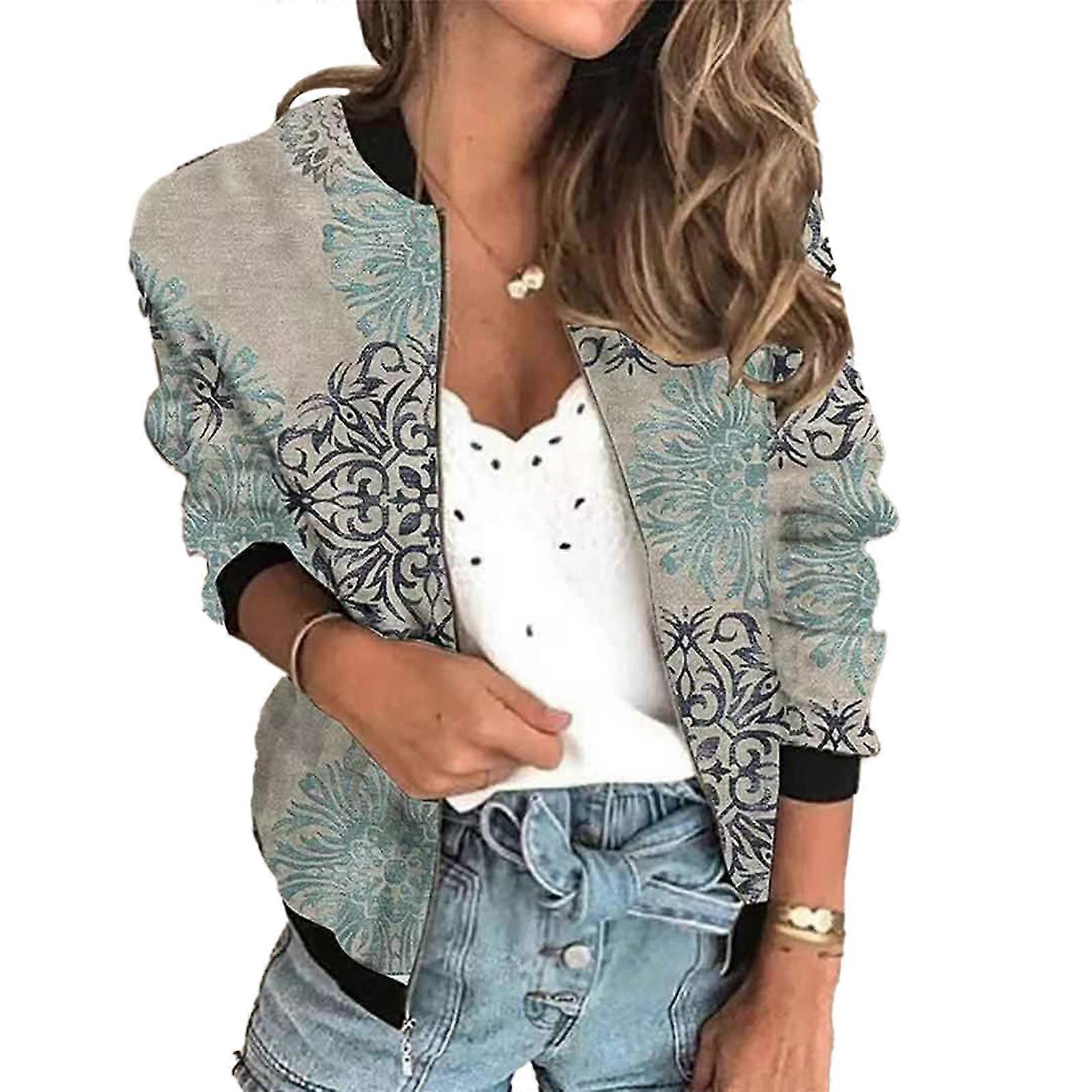 Women\'s Printed Zipper Short Jacket Straight Long Sleeve Panel Spring Autumn Top