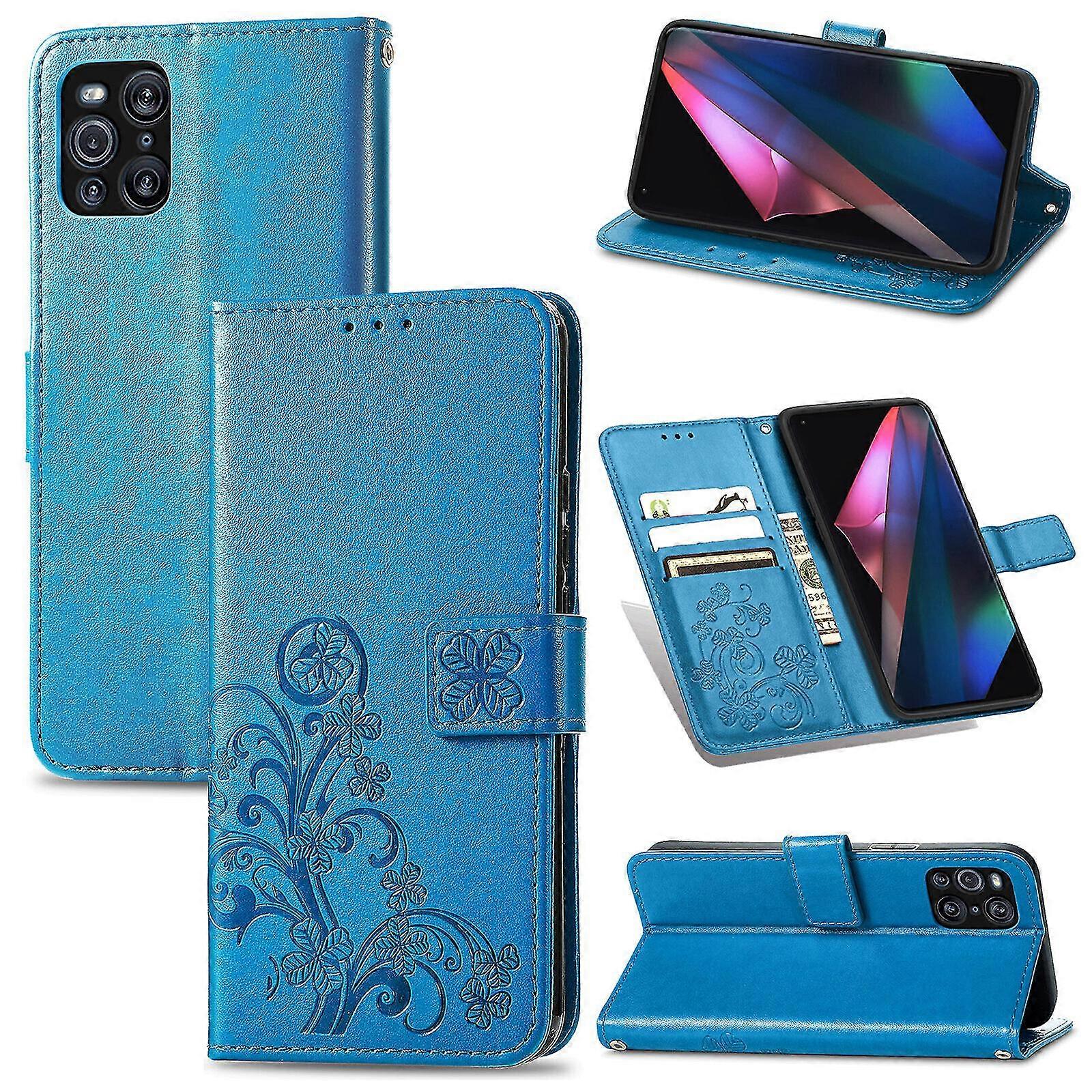 Case For Oppo Find X3 Pro Cover Wallet Clover Embossed Protective Leather Phone Case Magnetic  - Blue