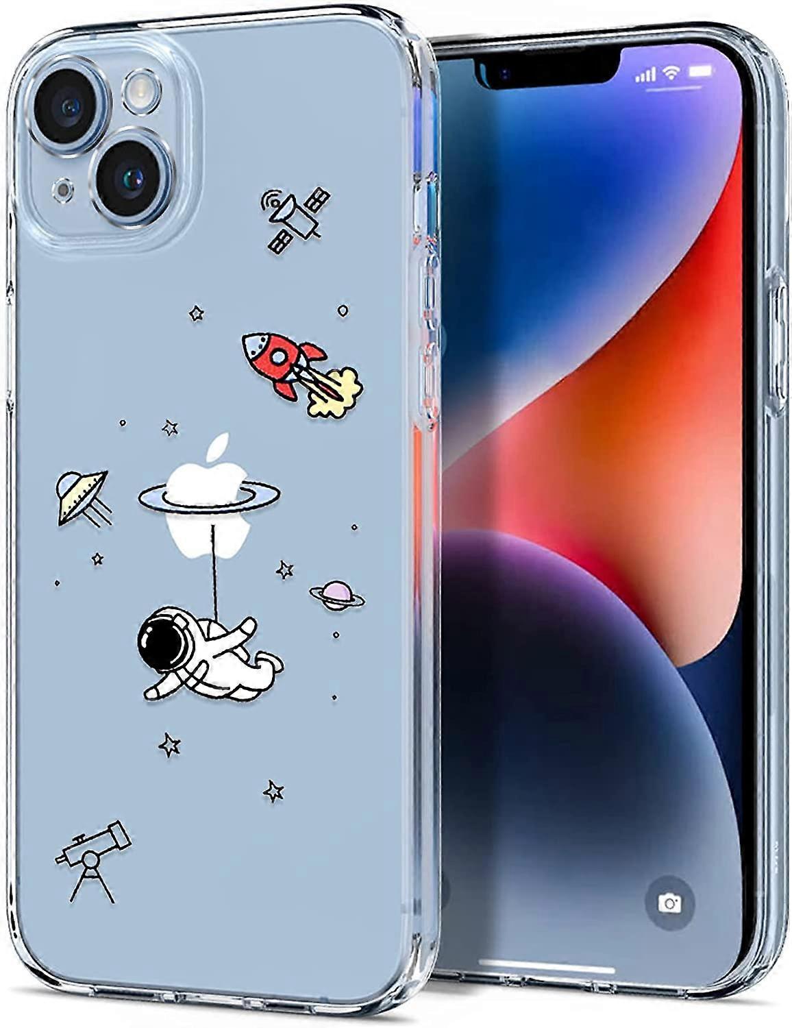 Compatible with iPhone 14 Plus Case Clear Cute with Astronaut Outer Space Aesthetic Planet Star Creative Pattern, for Women Girl Soft TPU Shockproof C