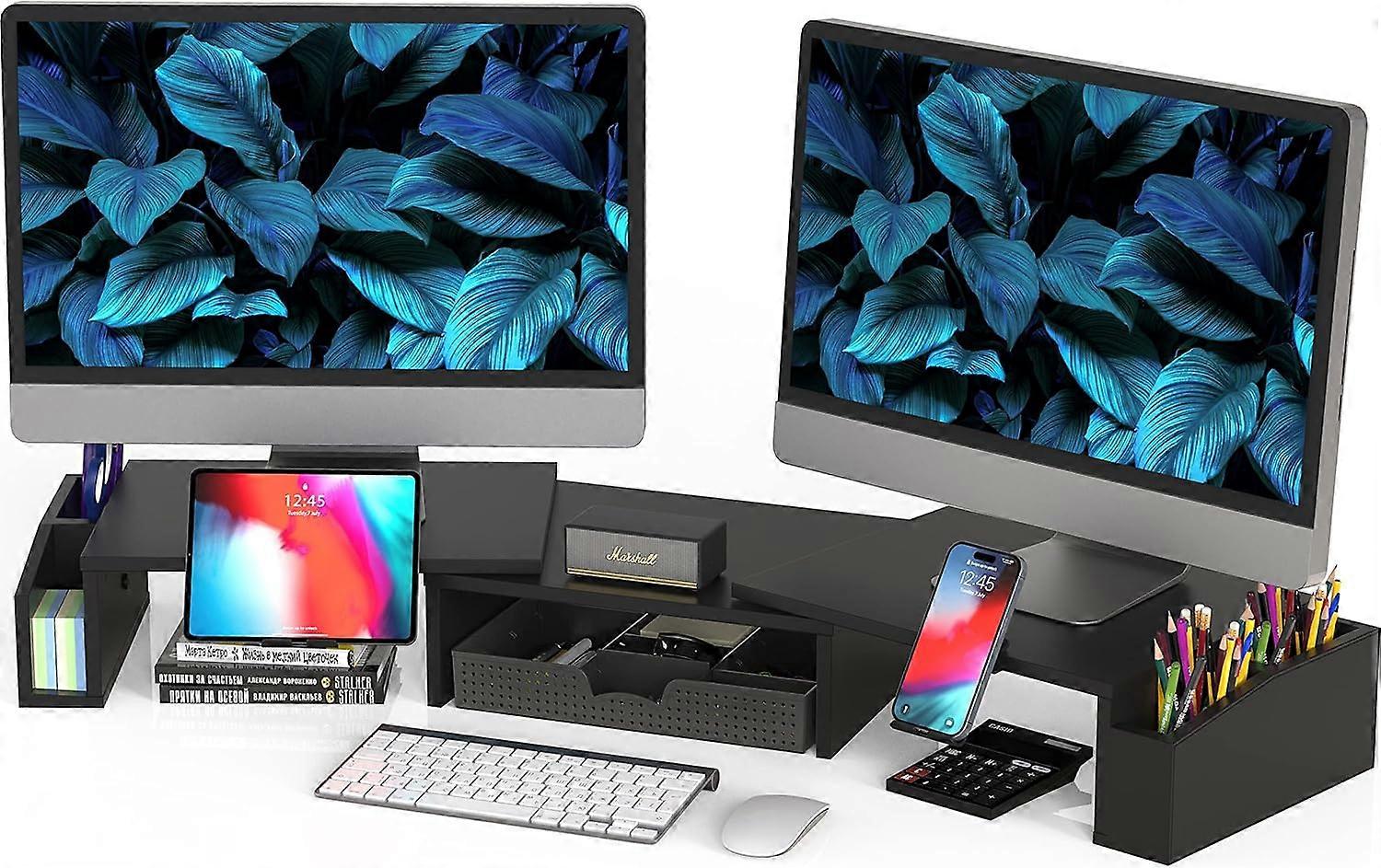 pleHouseware Dual Monitor Stand Riser with Drawer, Black Black Extendable