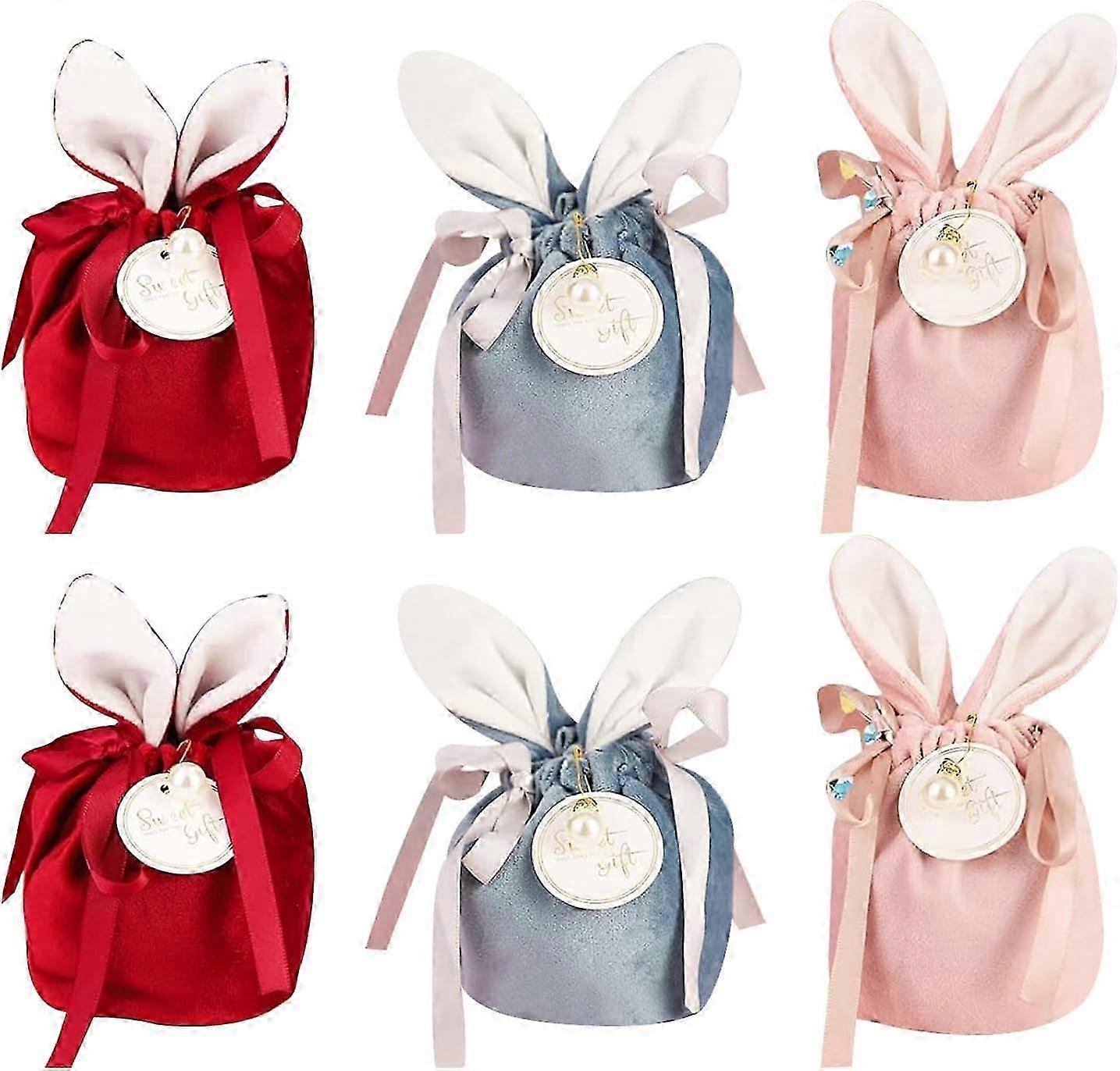 6 Pieces Easter Candy Bag - Bunny Ears Drawstring Gift Bag for Party (Blue/Pink/Red)