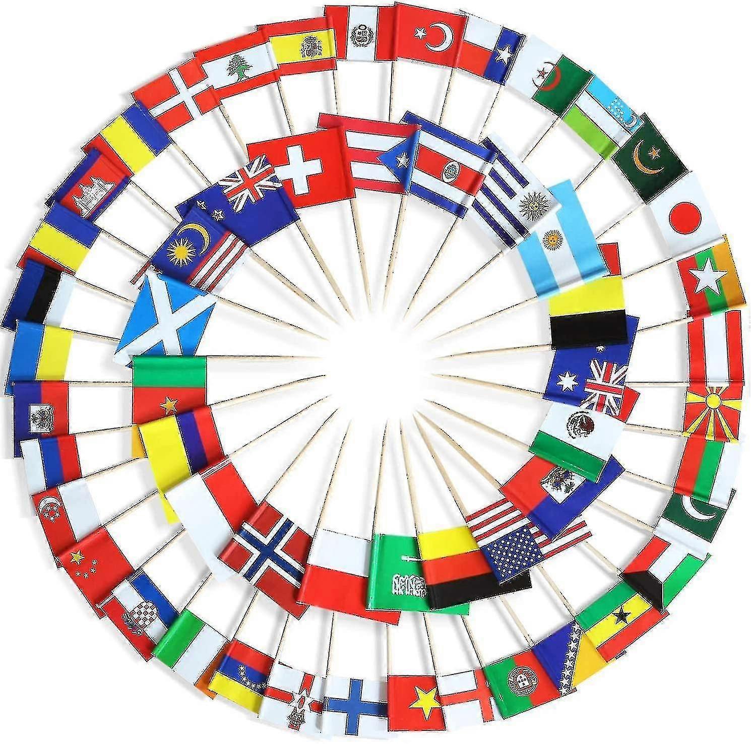Assorted 100 Different Countries Toothpick Flag - Vivid Double Sided Print & Solid Smooth Pick - Par