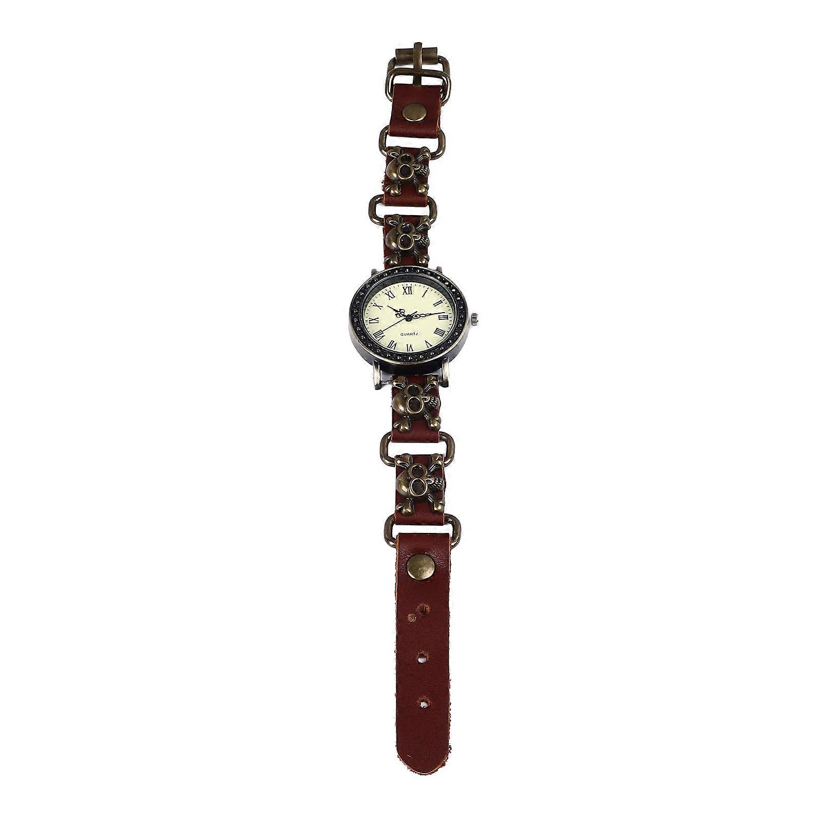 Skull Quartz Wrist Watch Adjustable Vintage Style PU Leather Strap Alloy Buckle for Men Women