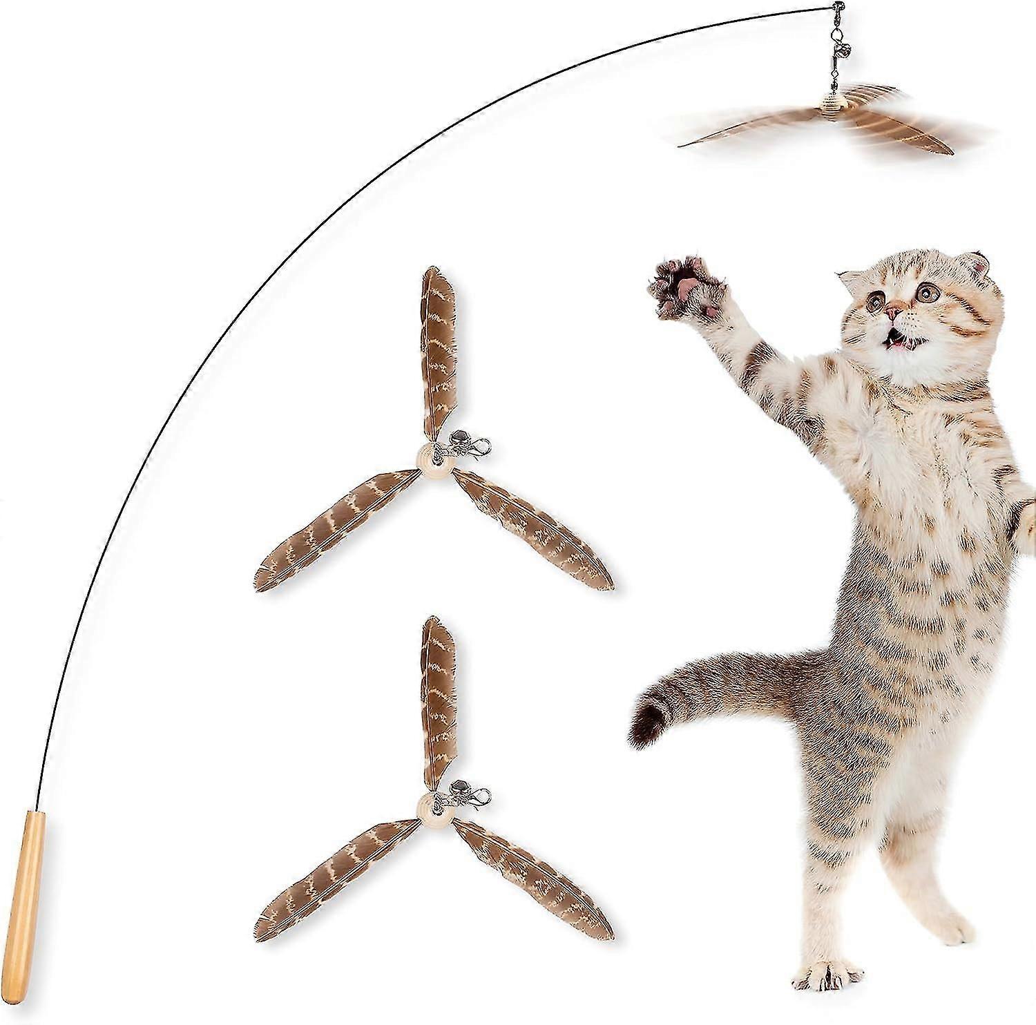 Wand Toys For Interactive Play - 3 Feather Refills, 29'' Flexible Steel Wire, Sturdy Wood Handle Bell