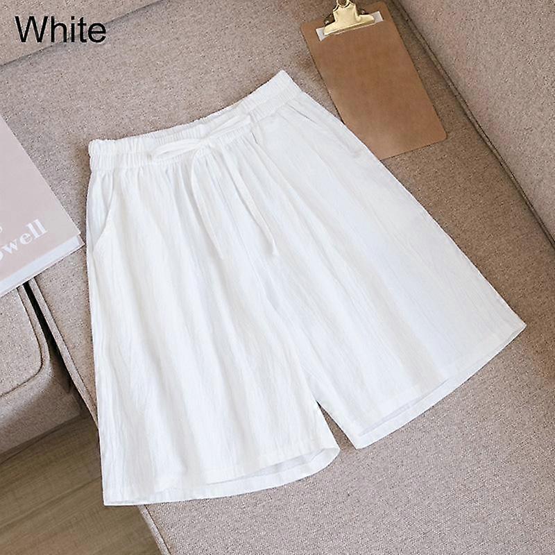 Women Comfortable Wide Leg Pants Drawstring Shorts Elastic Waist Breathable Solid Color Summer