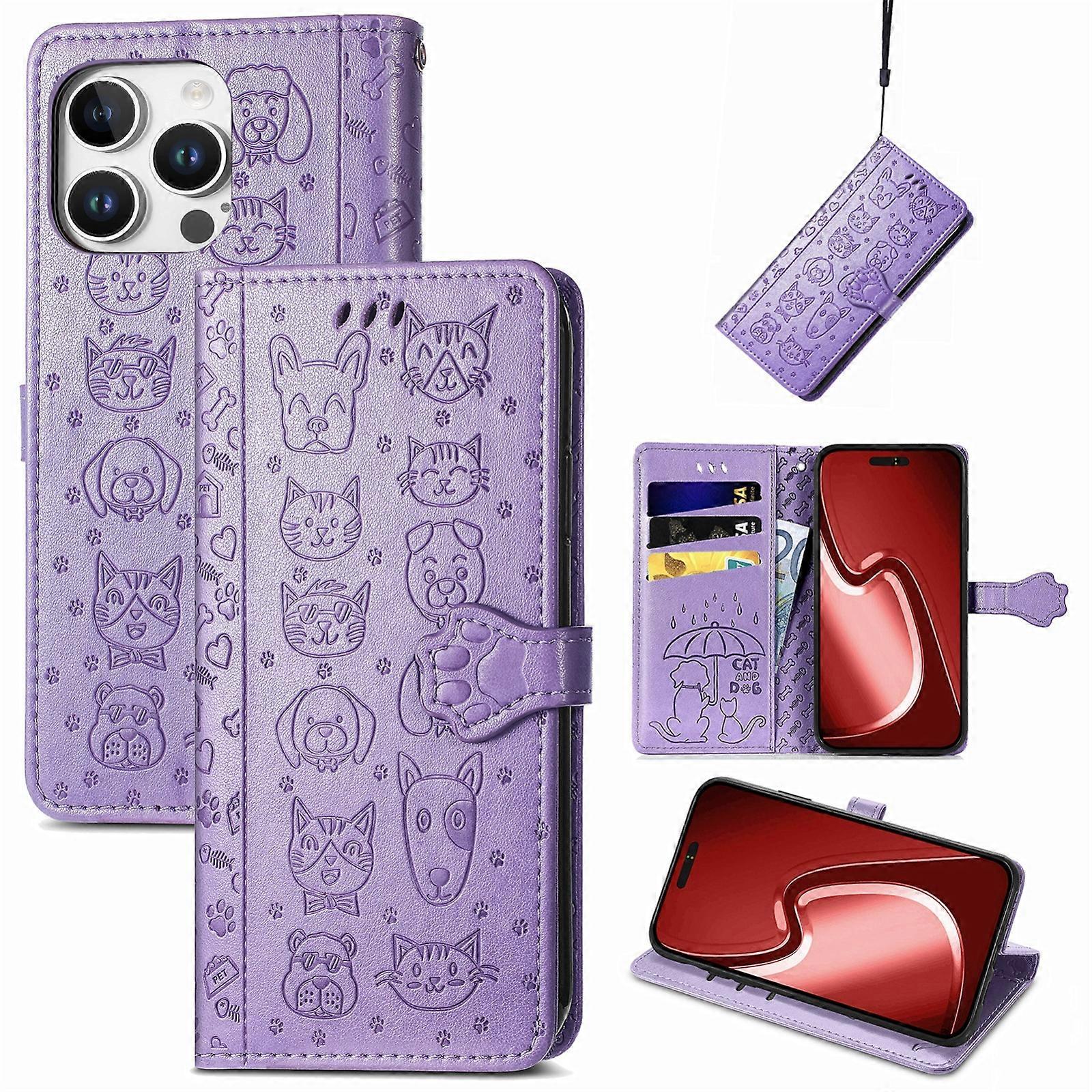 Cat and Dog Embossed Leather Phone Case