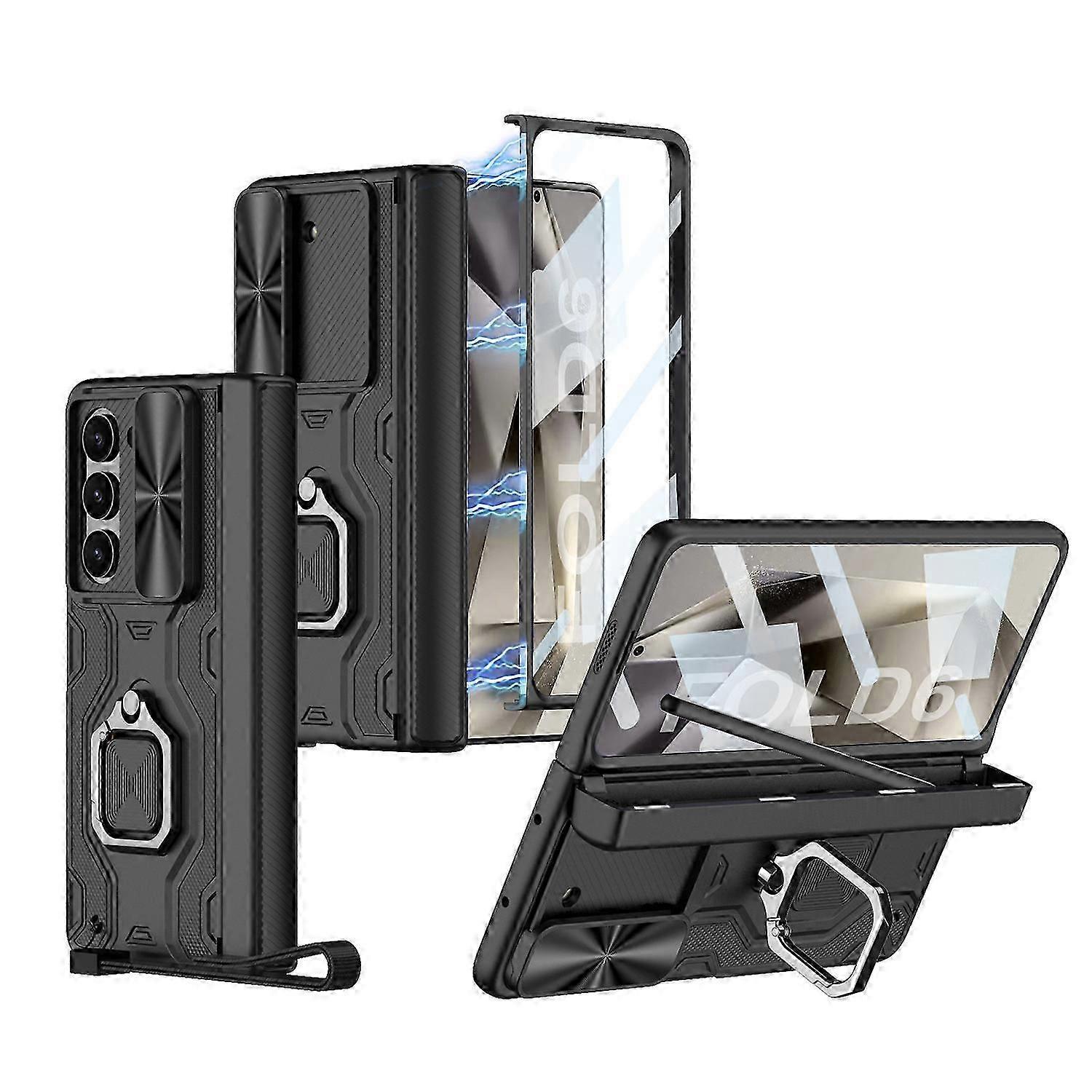 For Samsung Galaxy Z Fold 6 Armor Case with S Pen Holder, Built-in Screen Protector Slim PC Cover with Slide Camera Cover & Ring Stand