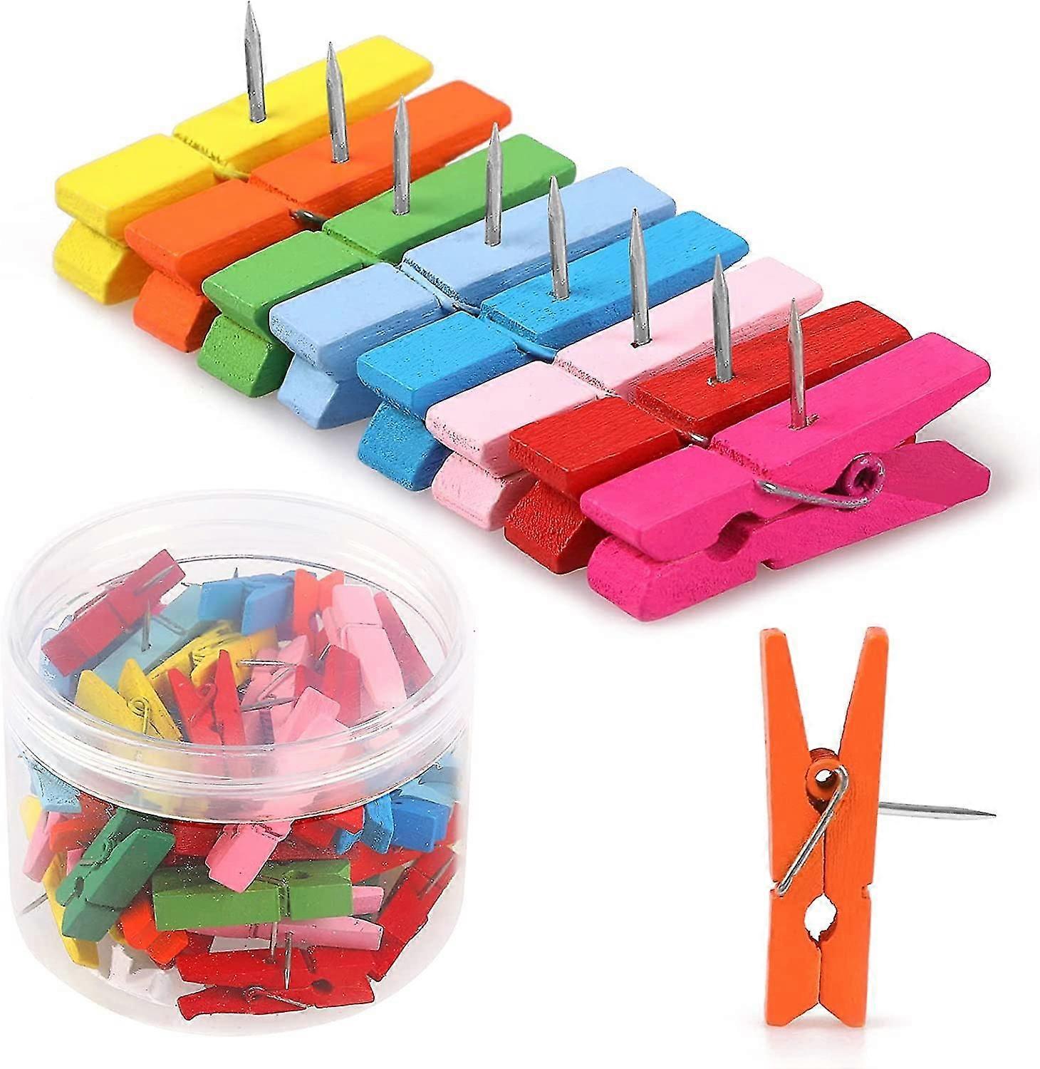 50 Pcs Colorful Push Pin With Wooden Clips, Durable Wooden Push Pins, Decorative Pushpins Tacks Thumbtacks, Tacks Compatible With Cork Board Artworks