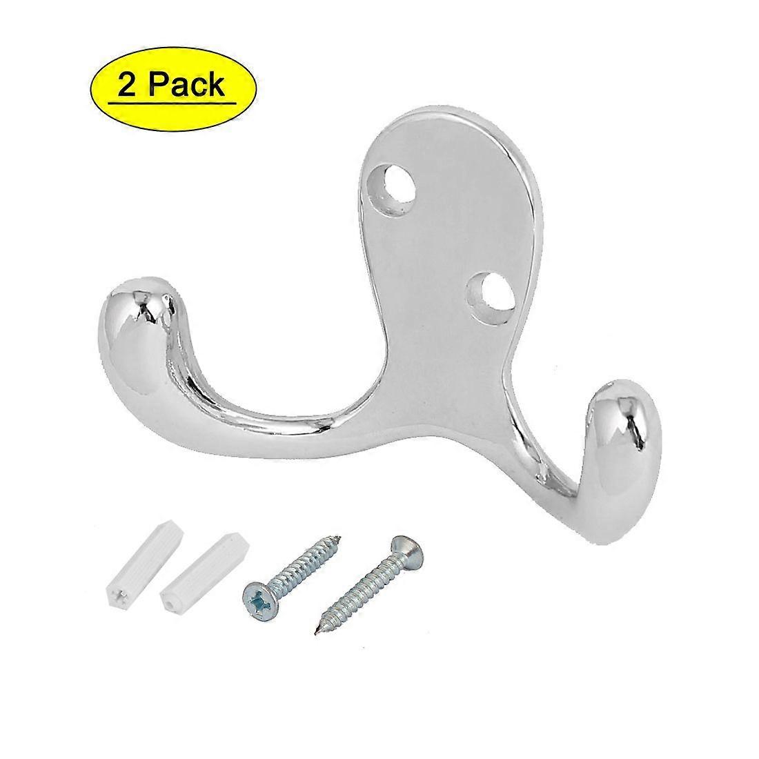 2.6" Silver Tone Zinc Alloy Wall Mounted Coat Double Hook, 2 Pack