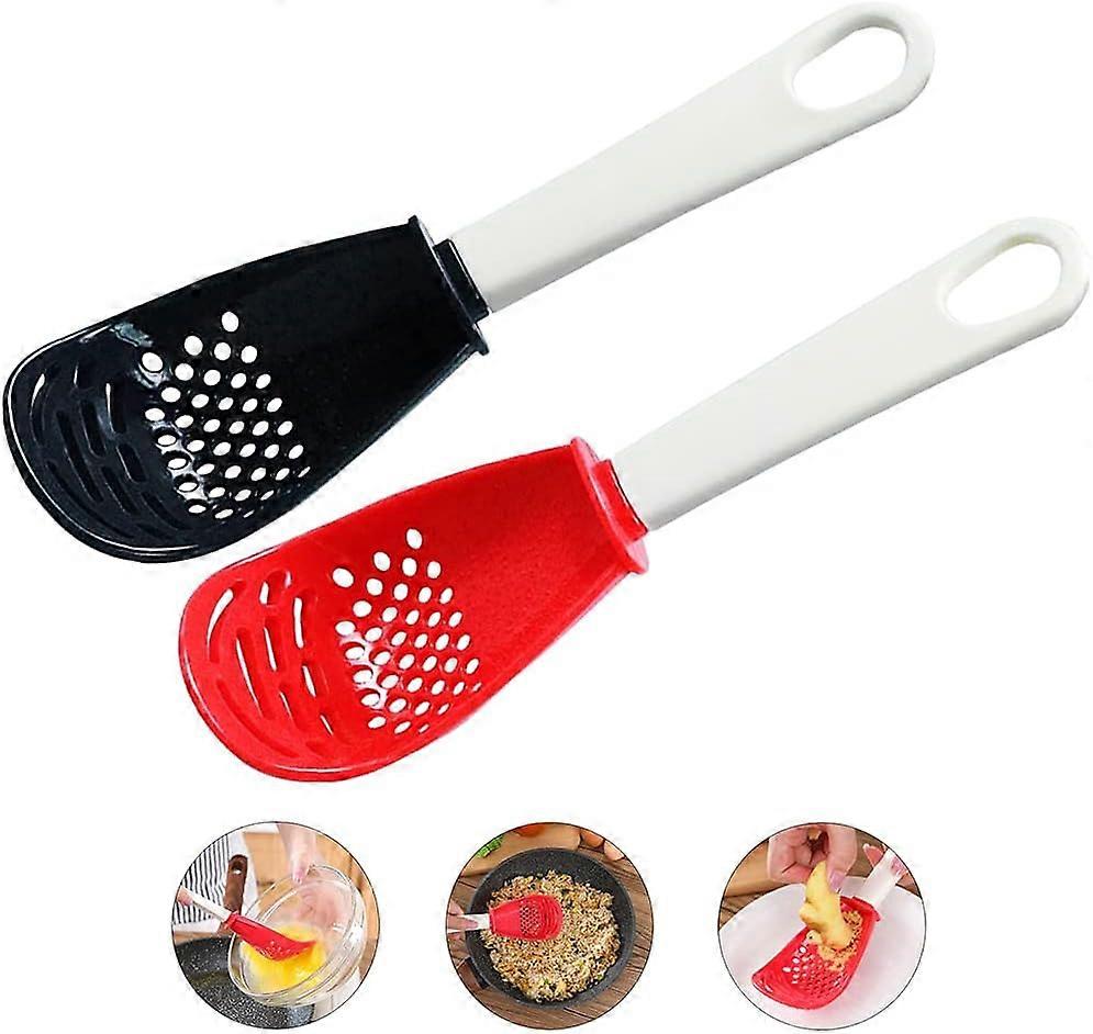 Multi-function cooking spoon, kitchen tool, skimmer spoon colander strainer grater, non-toxic, heat resistant (black, red)