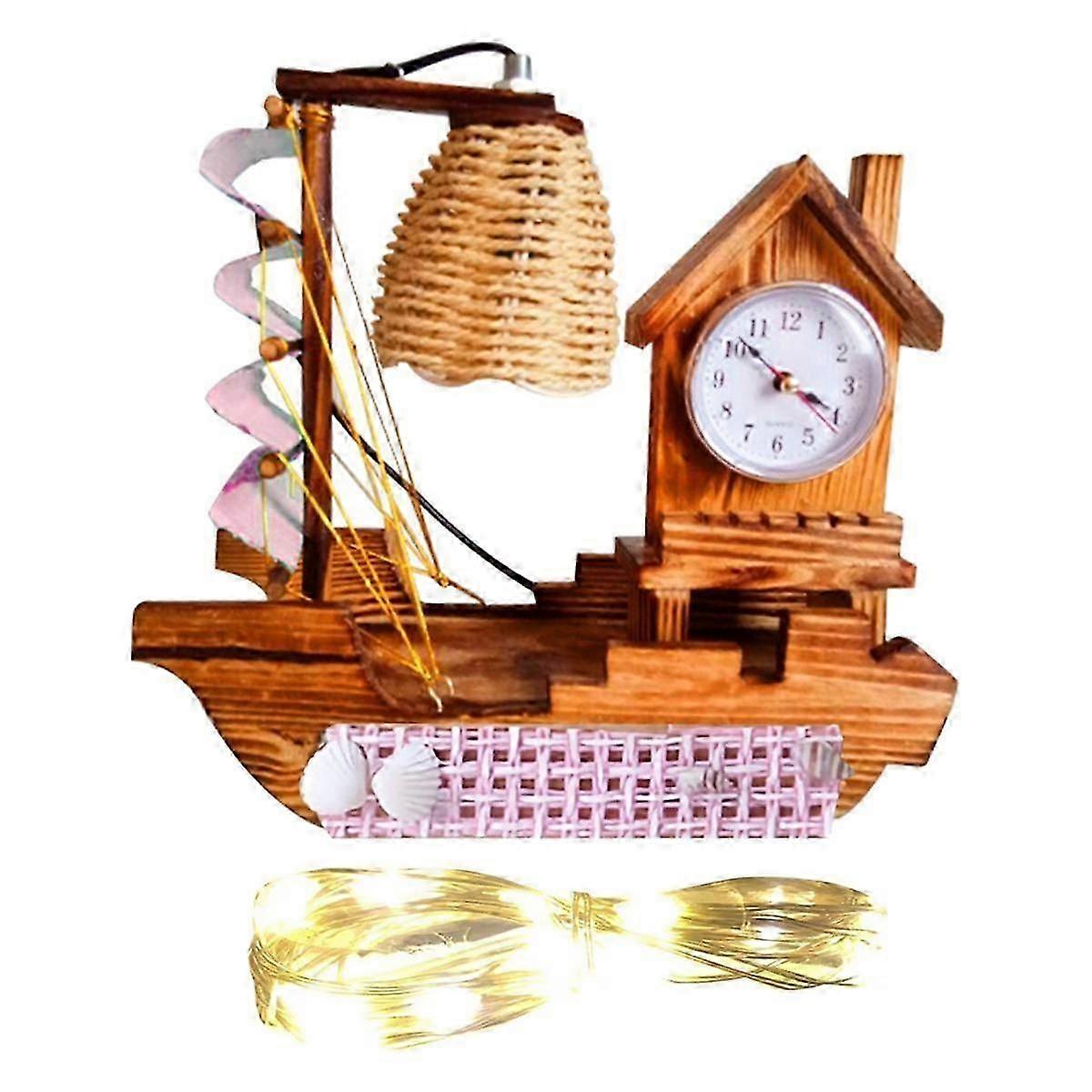 Sailboat Woodiness Lamp Clock with A Clock with Warming Light Strings MultiFunctional Electronic Clock