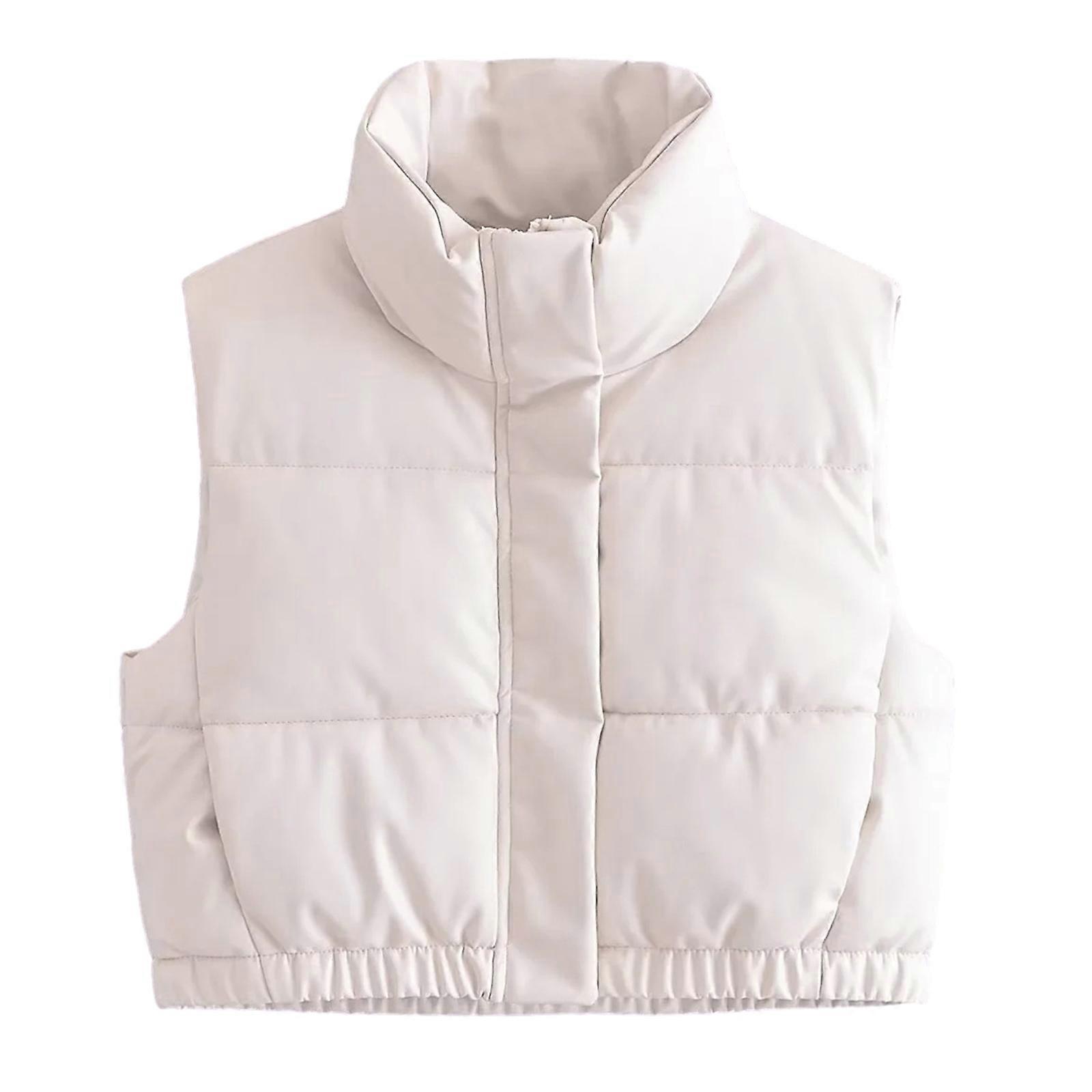 Pu Puffer Vest Women's Sleeveless Winter Cropped Outerwear Warm Puffer Lightweight Stand-up Collar Down with Pockets White S