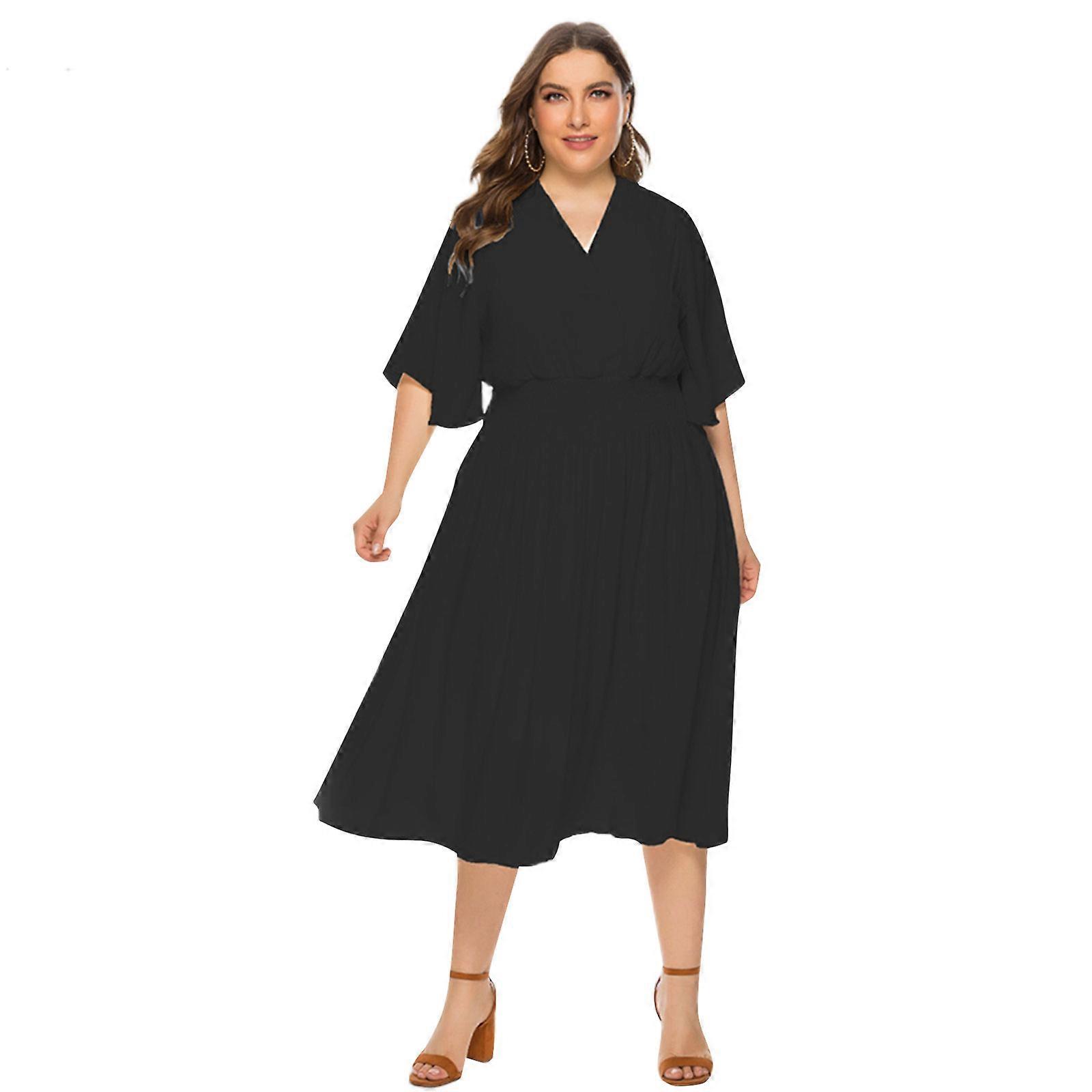 Femei Shirred Elastic Talie Rochie Midi Culoare Mată Volane Jumătate Manșon V-Decolteu Șireturi Spate Plisat Swing Hem Rochie de Soare Negru XXXXL