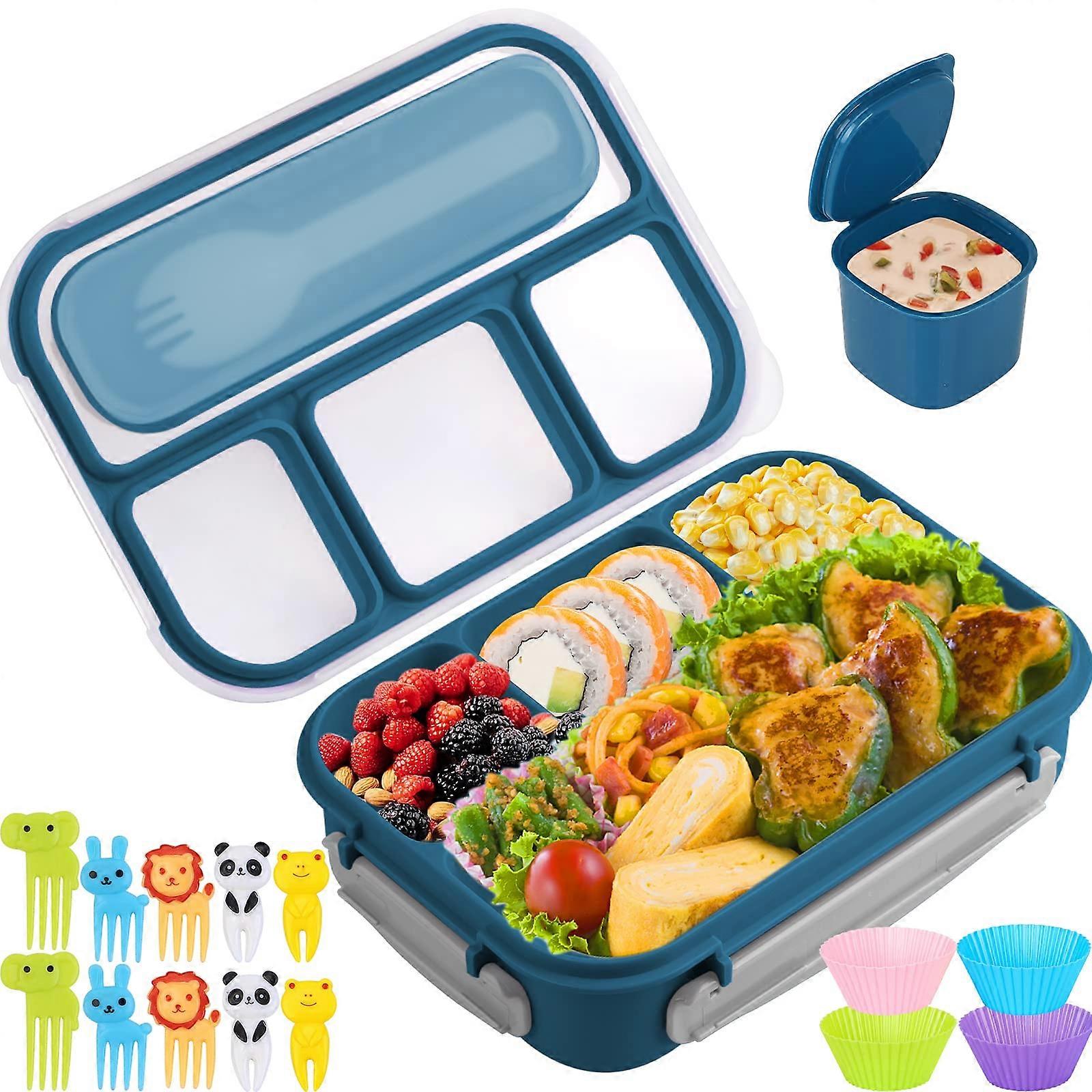 Bento Box 1300ML 4-Comp Lunch Box For Adults/Kids With Food Picks, Leak-Proof, Microwave Safe, Freezer Safe, Blue
