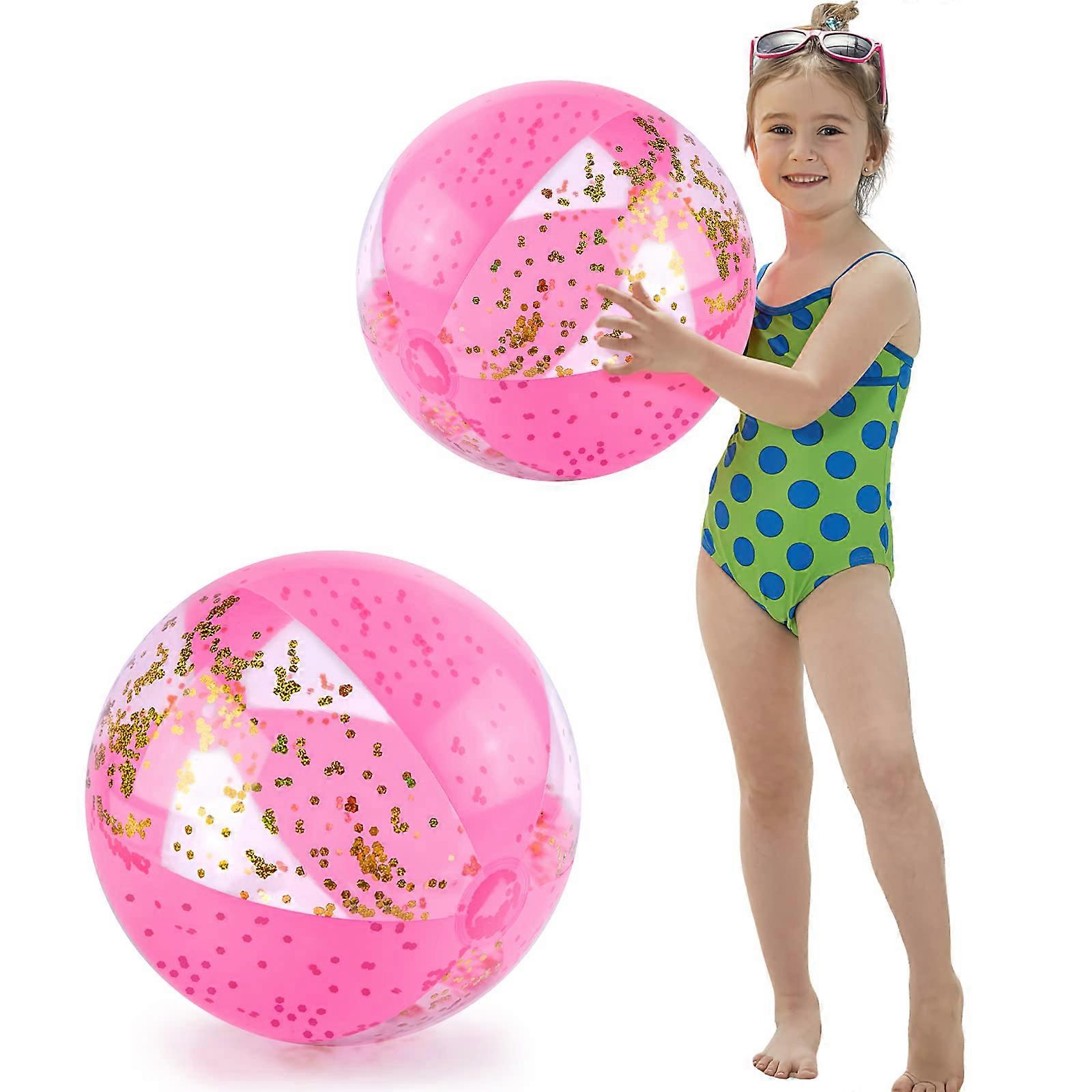 Glow Beach Balls Set of 2, 16 Inch Inflatable Pink Pool Toys for Summer Beach Parties and Outdoor Fun