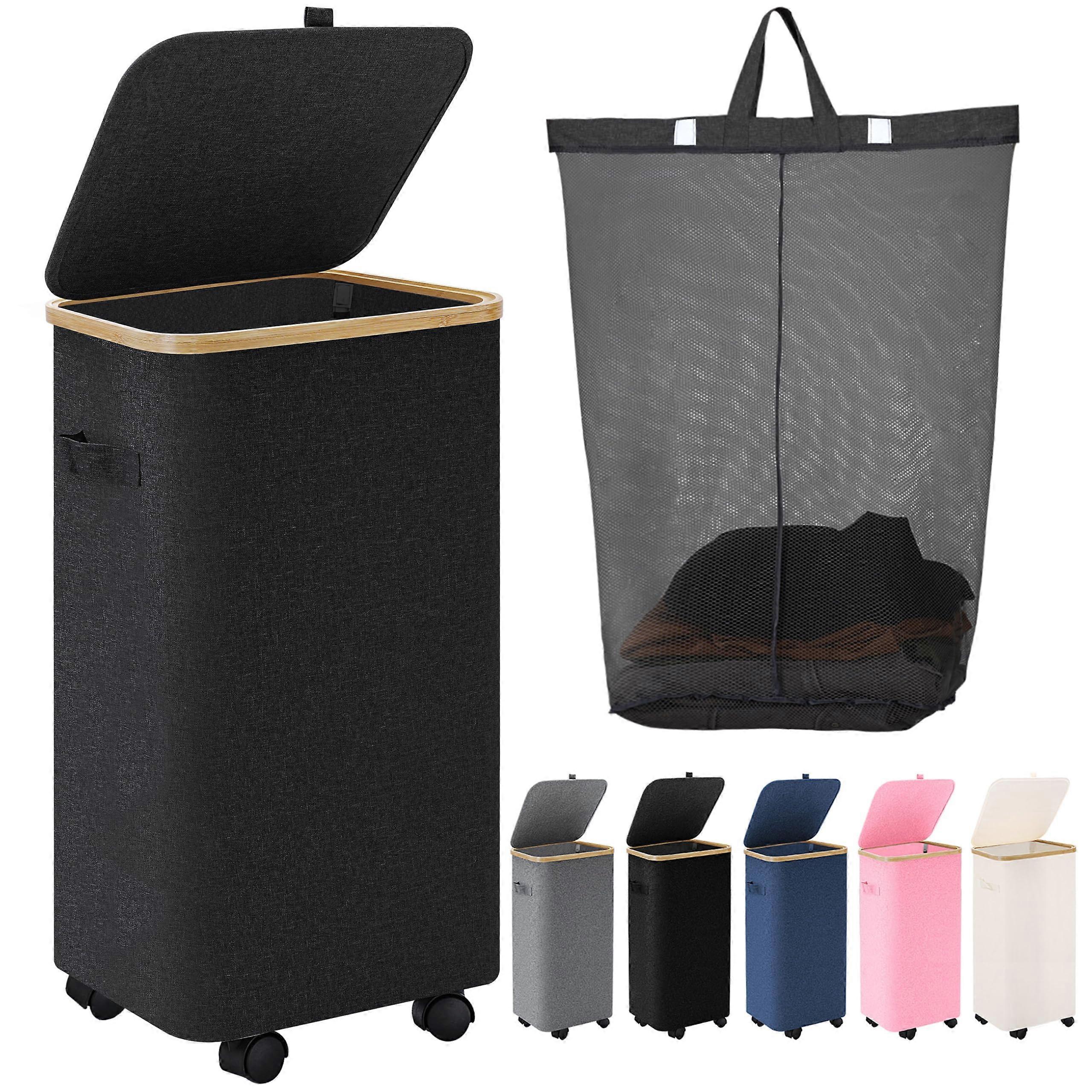Laundry Hamper with Wheels,20 Gal (75L) Laundry Basket with lid Rolling Clothes Hamper - Black
