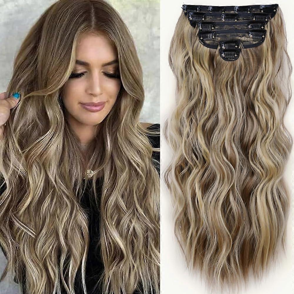 Clips dans les extensions de cheveux, 6PCS Long ondulé brun foncé synthétique 20 pouces