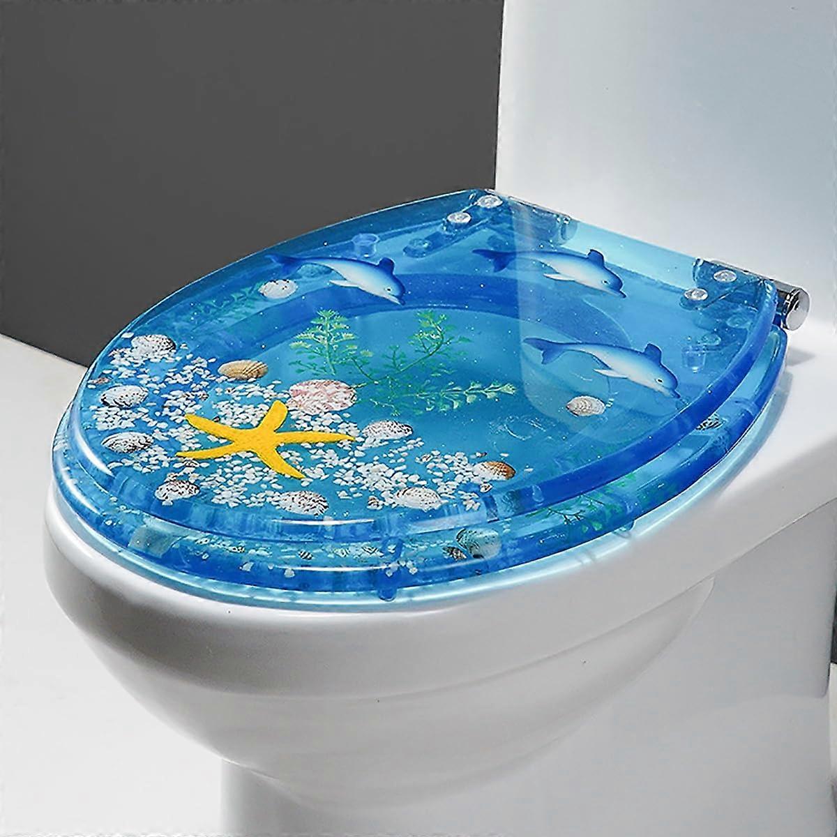 Round Resin Toilet Seat 16.5 Inch Decorative Ocean Dolphin Design Silent Slow Close Toilet Cover Seat