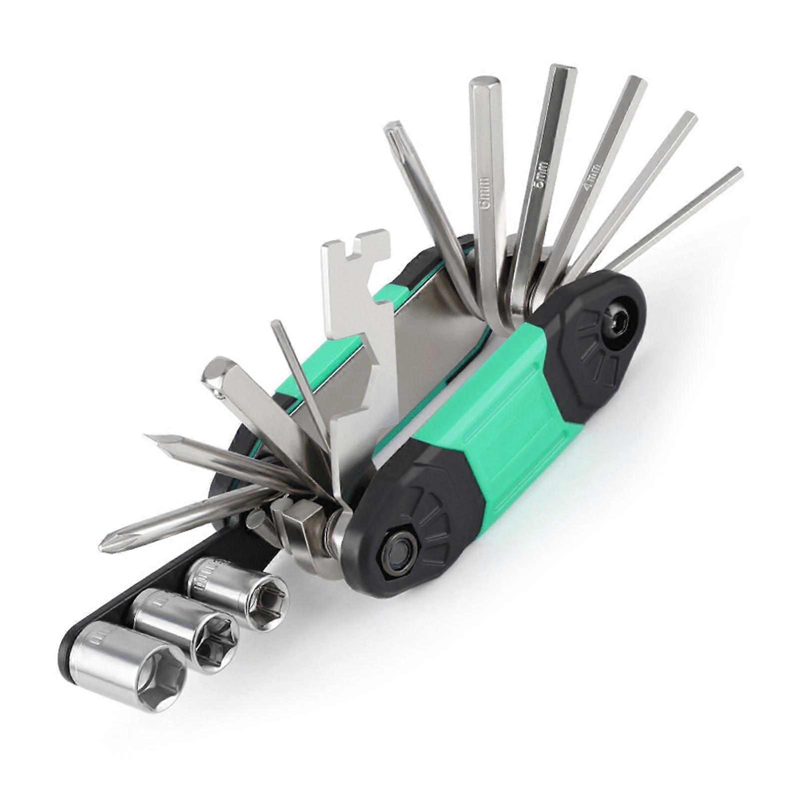 Folding Bike Wrench 16-in-1 Multi-Tool, Metric Repair Tool for Bikes, Green Color, Compact and Durable Design