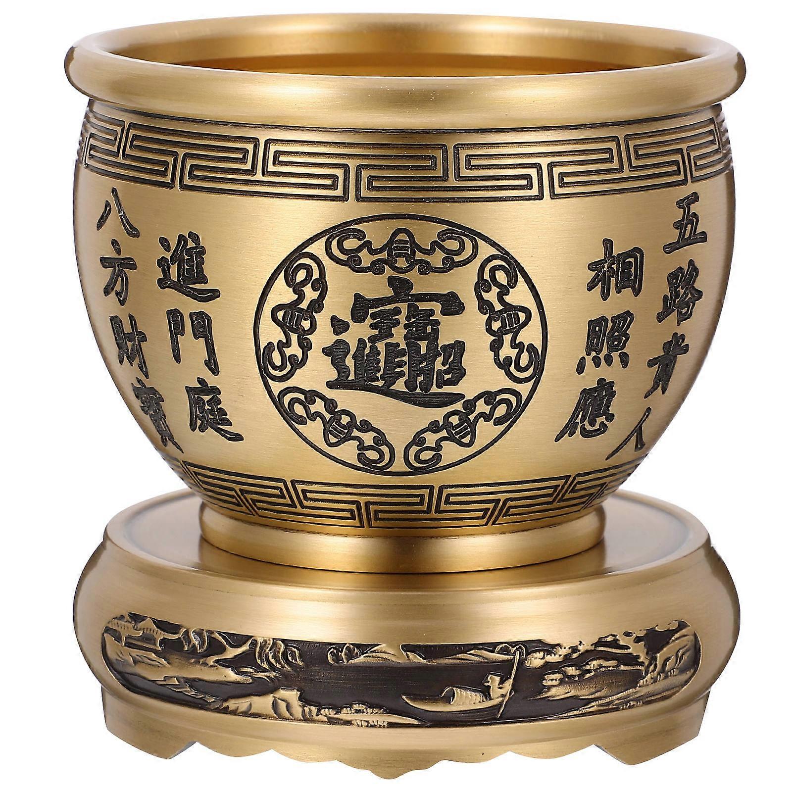 Vintage Brass Feng Shui Fortune Basin with Base – Bowl for Home Prosperity and Luck Decoration