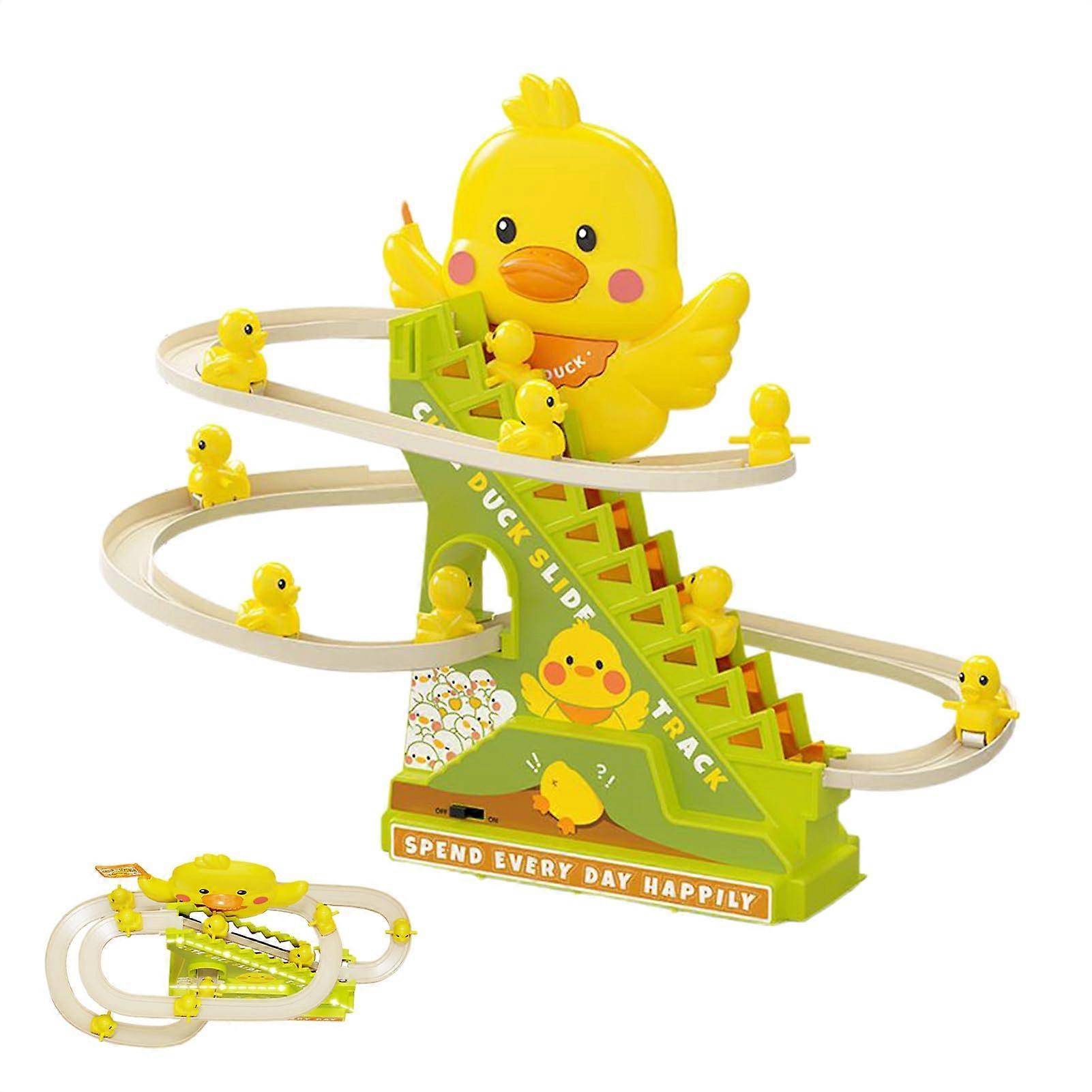 Electric Duck Climbing Staircase Play Set with Stair Track and Slide for Kids, Interactive Cartoon Racing Game for Birthdays and Holidays