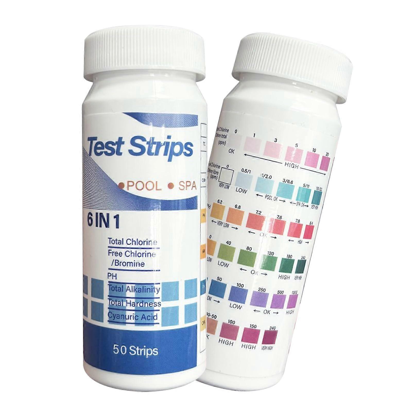 pH Test Strips Pack of 50, 6-in-1 Pool Tester Strips for Chlorine, Alkalinity, Bromine & Water Hardness Measurement