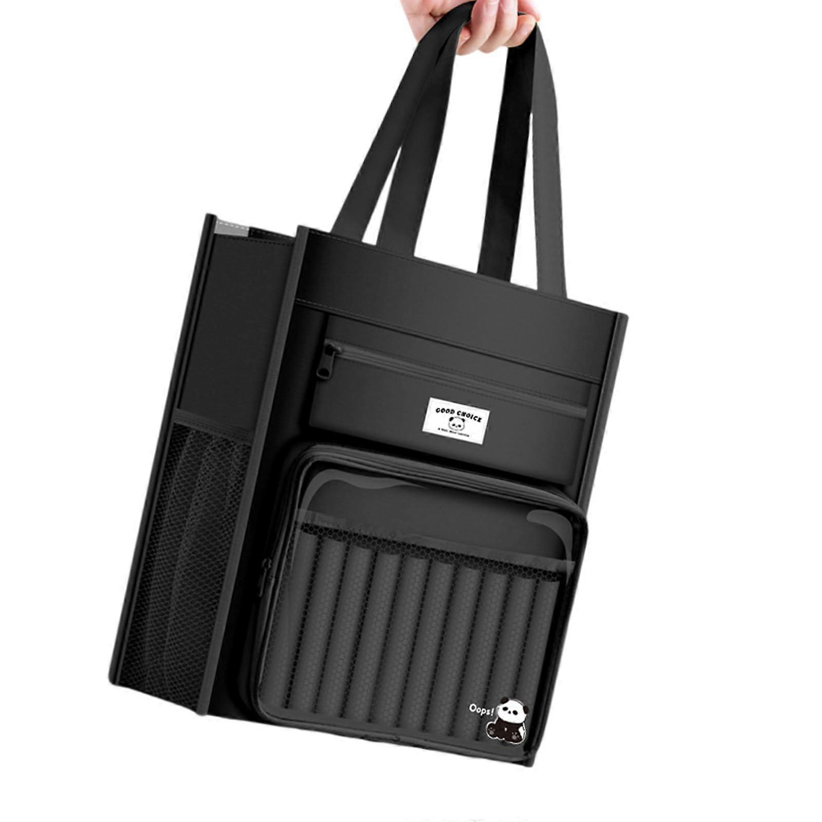 Multifunctional Canvas Bookbag 8-Compartment Document Storage Bag For Students And Teachers Black