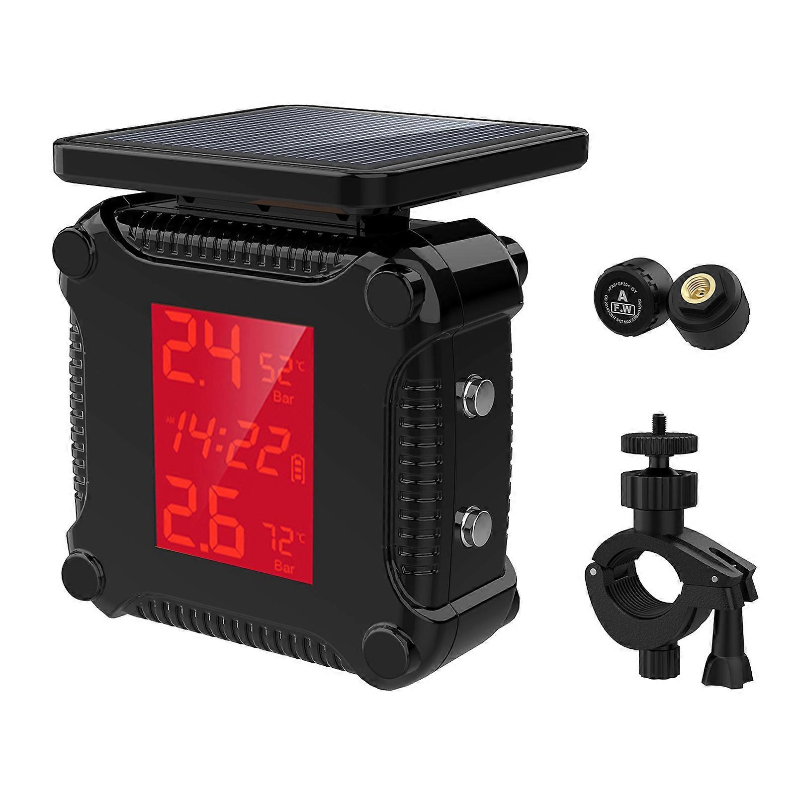 Tire Pressure Monitoring System Solar Charging Waterproof Motorcycle Tyre Alarm with Large LCD Screen 2 External Sensors