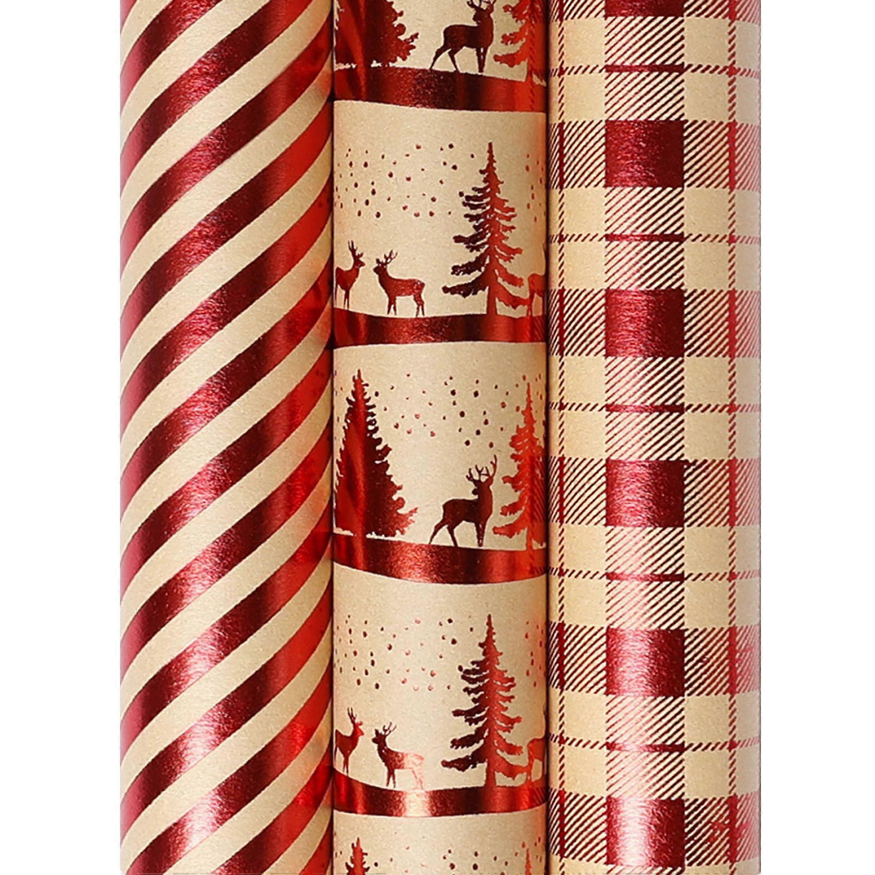 3pcs Christmas Wrapping Paper 17x118'' Kraft Paper with Moose Tree