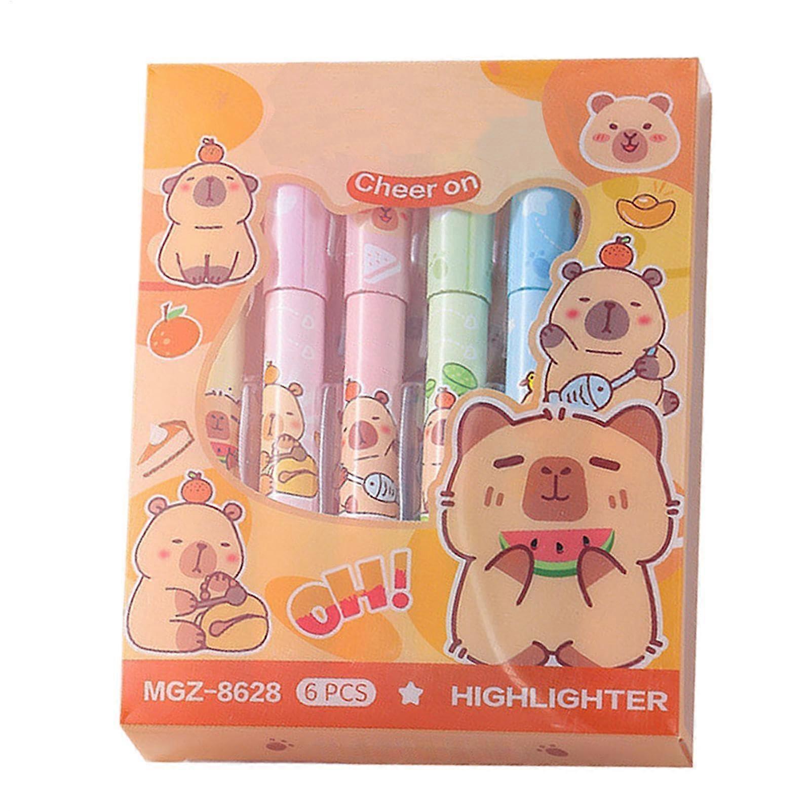 Cute Highlighters Chisel Tip Pastel Fluorescent 6 Pack in Aesthetic Capybara Design for School Supplies and Students