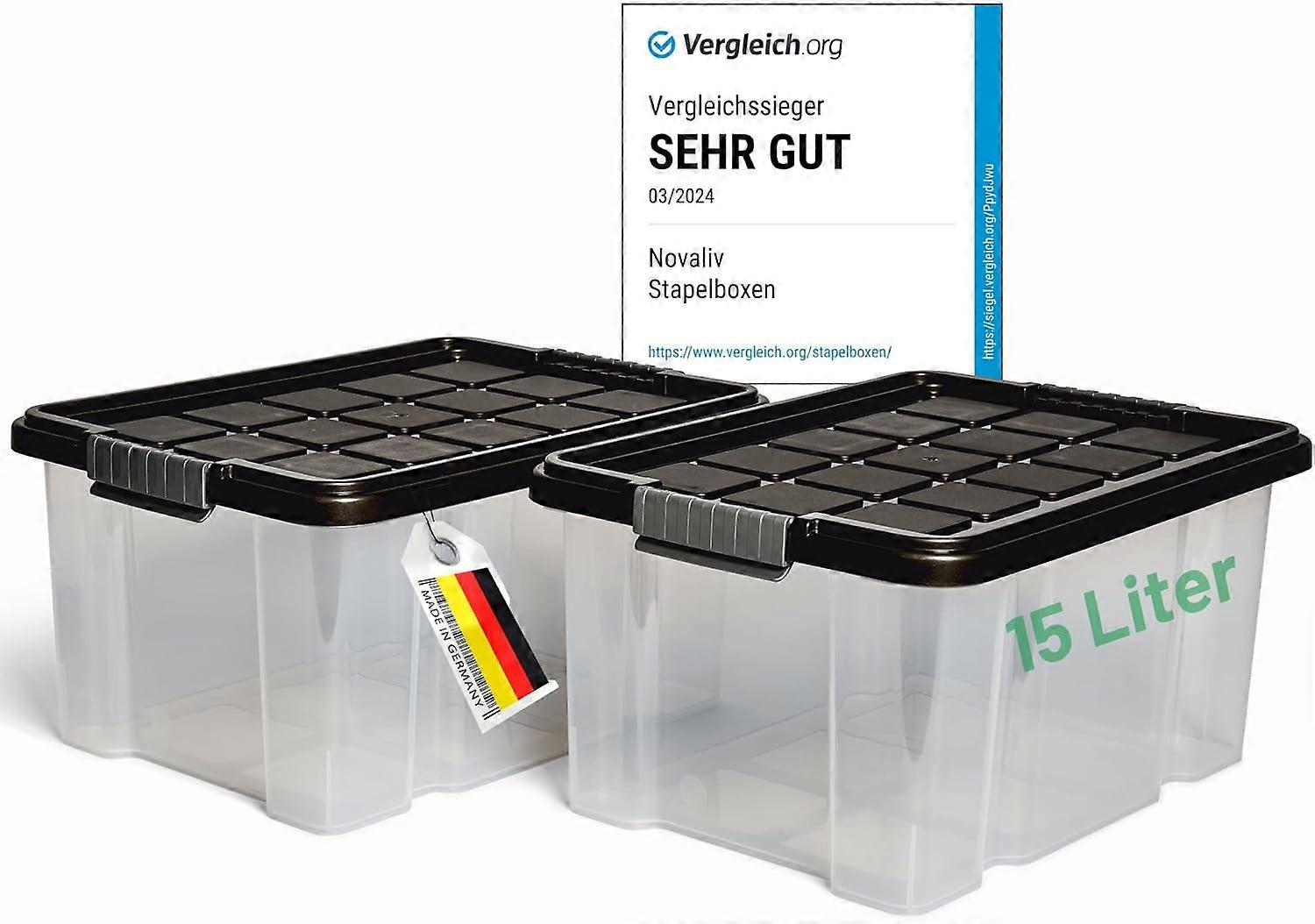 Novaliv 2x Aufbewahrungsboxen mit Deckel 15L Anthrazit Nestbar stapelbare Storage boxes mit Clipvers