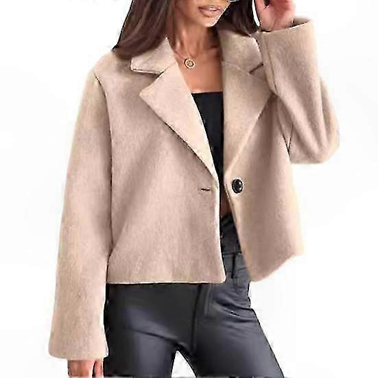 Women's Solid Color Woolen Coat with Turn-down Collar and Single Button Closure for Fall Winter