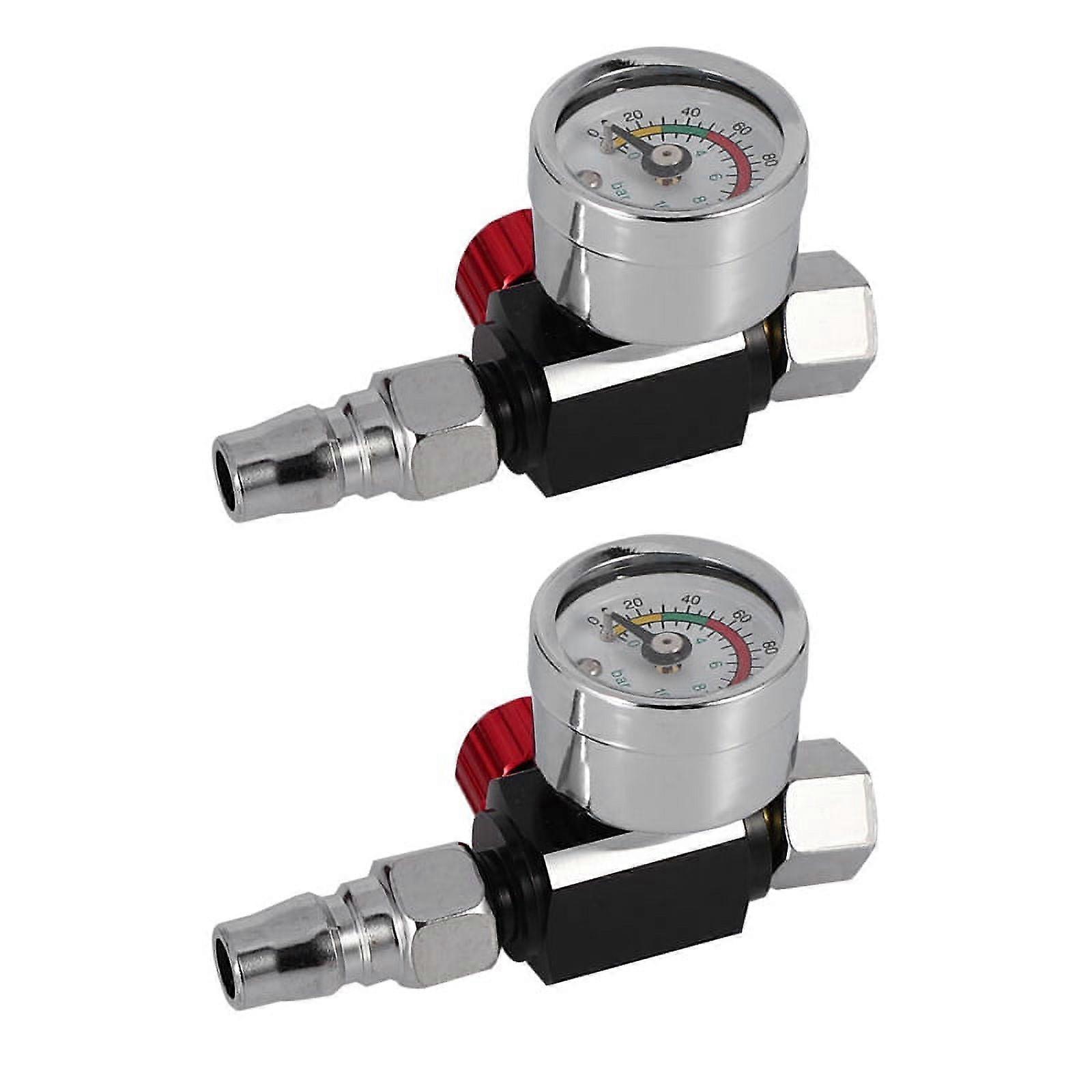 2Pc 1/4 Inch Mini Air Regulator Valve Tool Small Tail Pressure Gauge 48 x 60mm with Nozzle for Tool