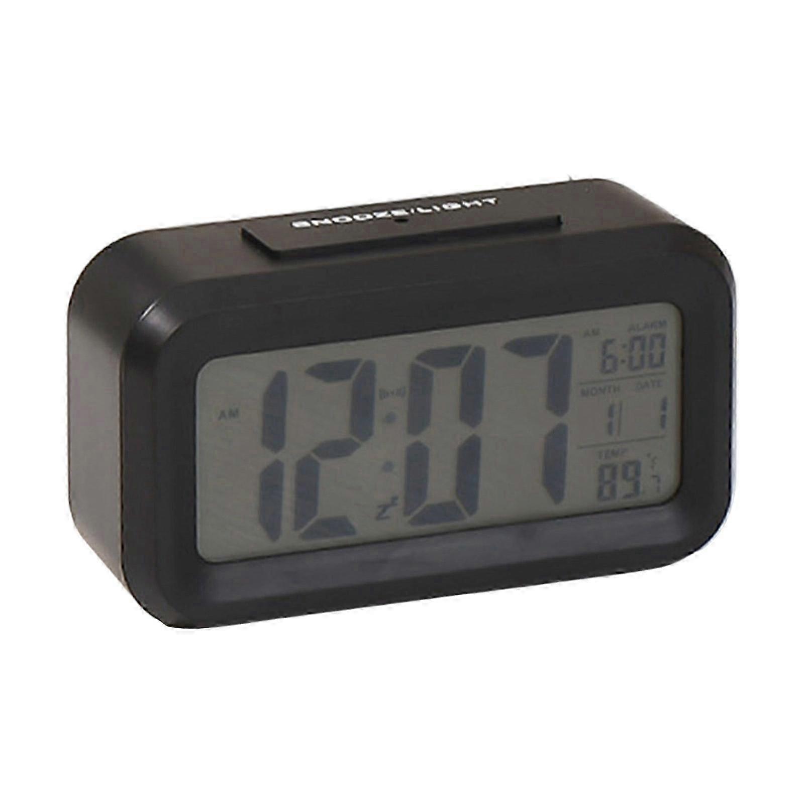 Plastic Digital Alarm Clock Calendar Display Temperature Monitor Snoozes Function Auto Nightlight Battery Operated White