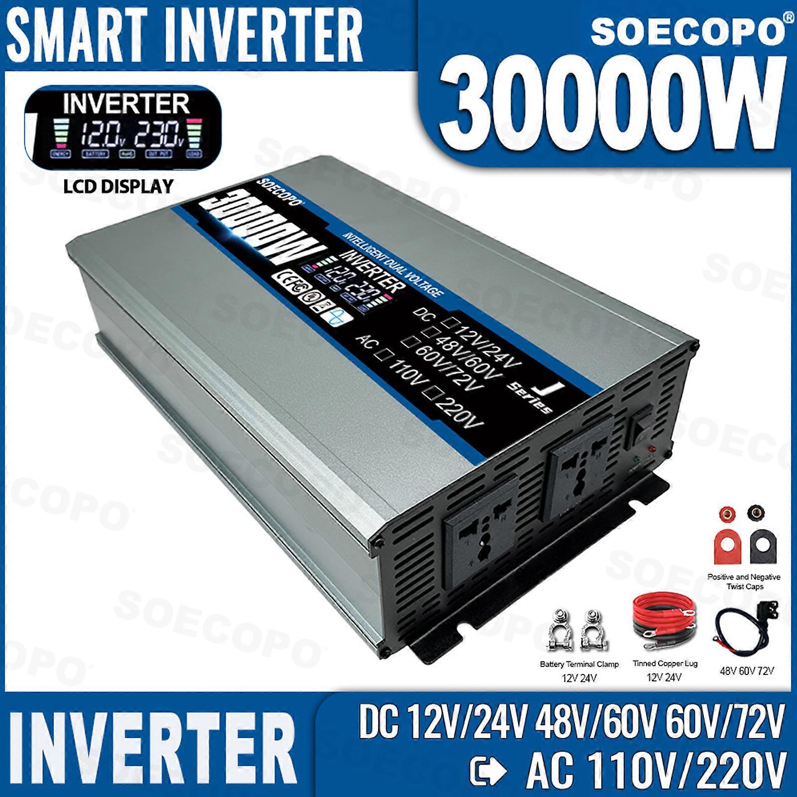 30000W Peak Power Inverter DC 12V/24V/48V/60V/72V to AC 110V/220V with 2 Universal Sockets & USB Ports LCD Display Smart Fan