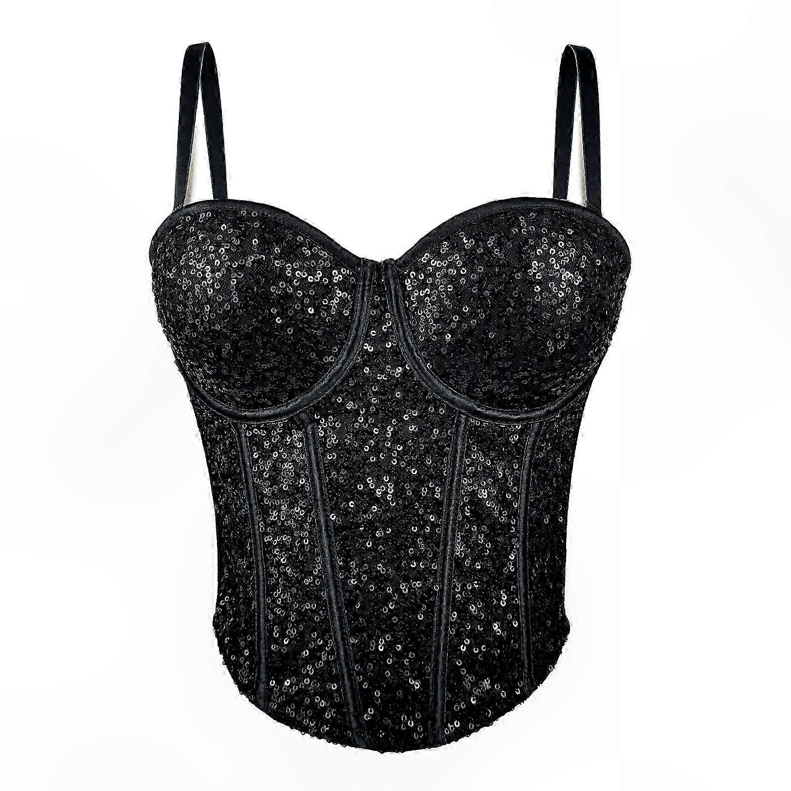 Gorset damski z siateczki z cekinami, regulowany, krótki top typu push-up, z fiszbinami, kolor bordowy 40