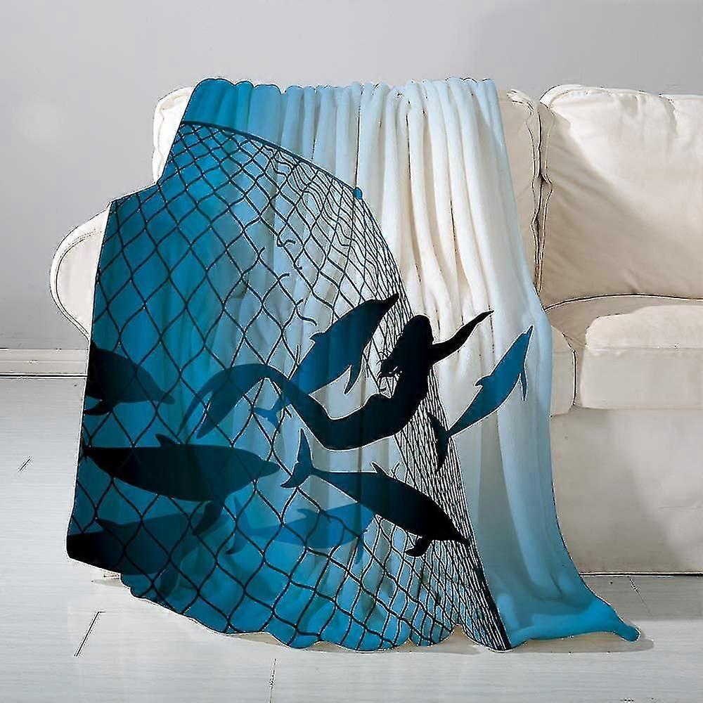 Blanket Flannel Blanket Sofa Throwmermaid Decor, A Mermaid Saves Flight Of Dolphins From A Fishing Net Freedom Diver- Versatile Blanket Fluffy Soft Th