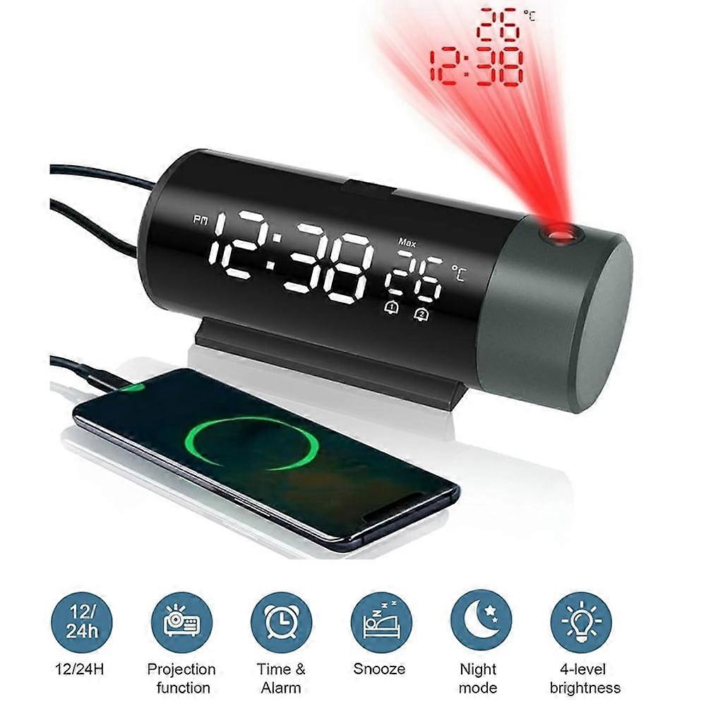 DERCLIVE Projection Alarm Clock with USB Charger Ports, LED Digital Dual Loud Alarm Clock with 180° Rotatable Projector on Ceiling Wall for Bedroom