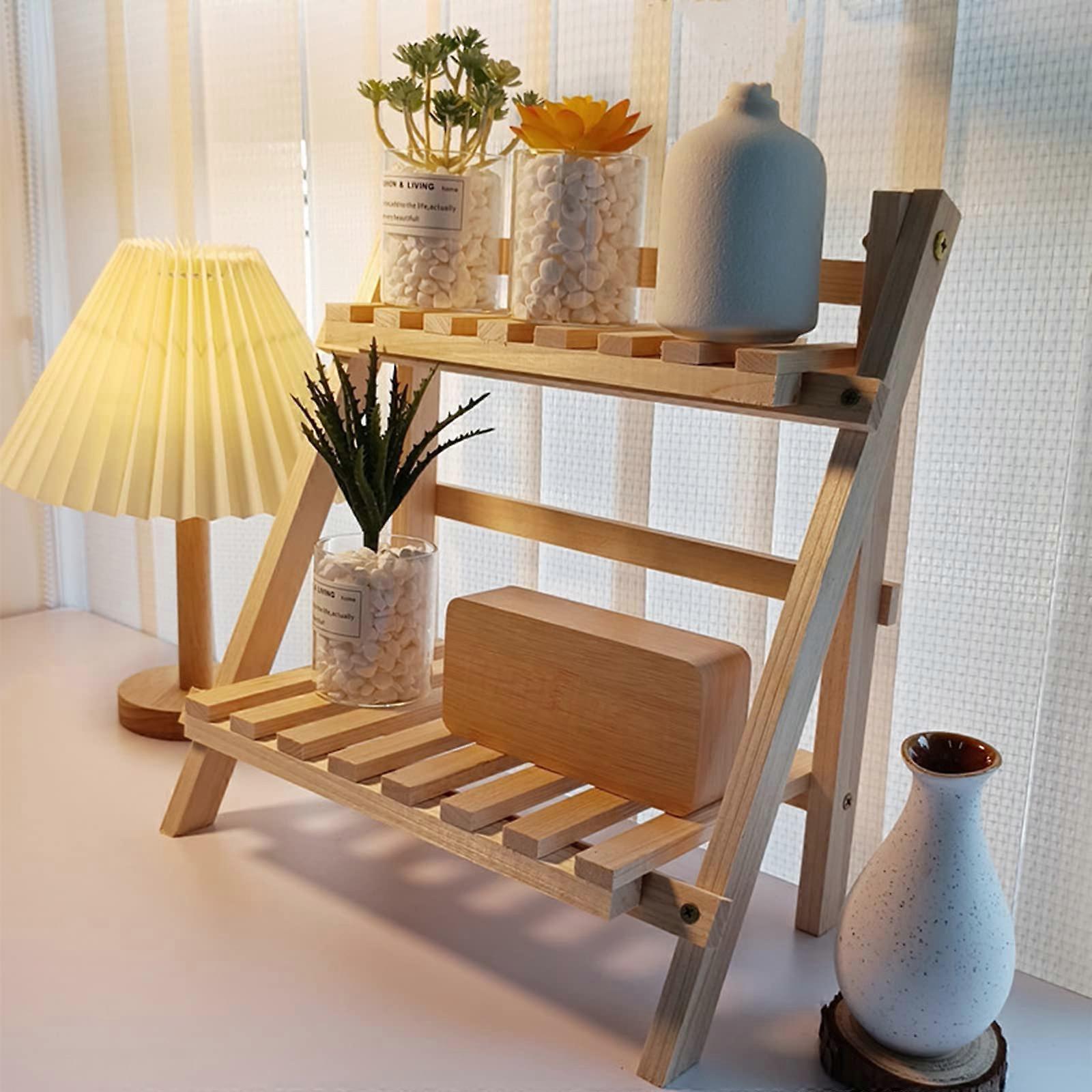 Foldable Wooden 2Tier Ladder Shelf with Removable Layer for Desk, Kitchen, Plant and Storage Organizer
