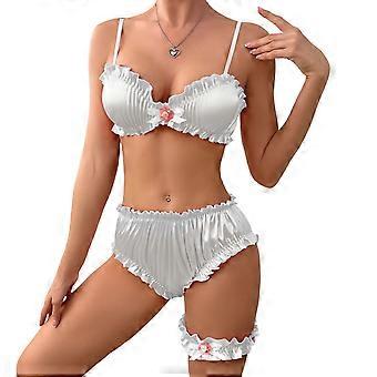3Pcs Women's Lingerie Set Satins Ruffle Push Up Bra and Briefs Panty with Garter Belts Naughty Sleepwear Nightwear  White XL
