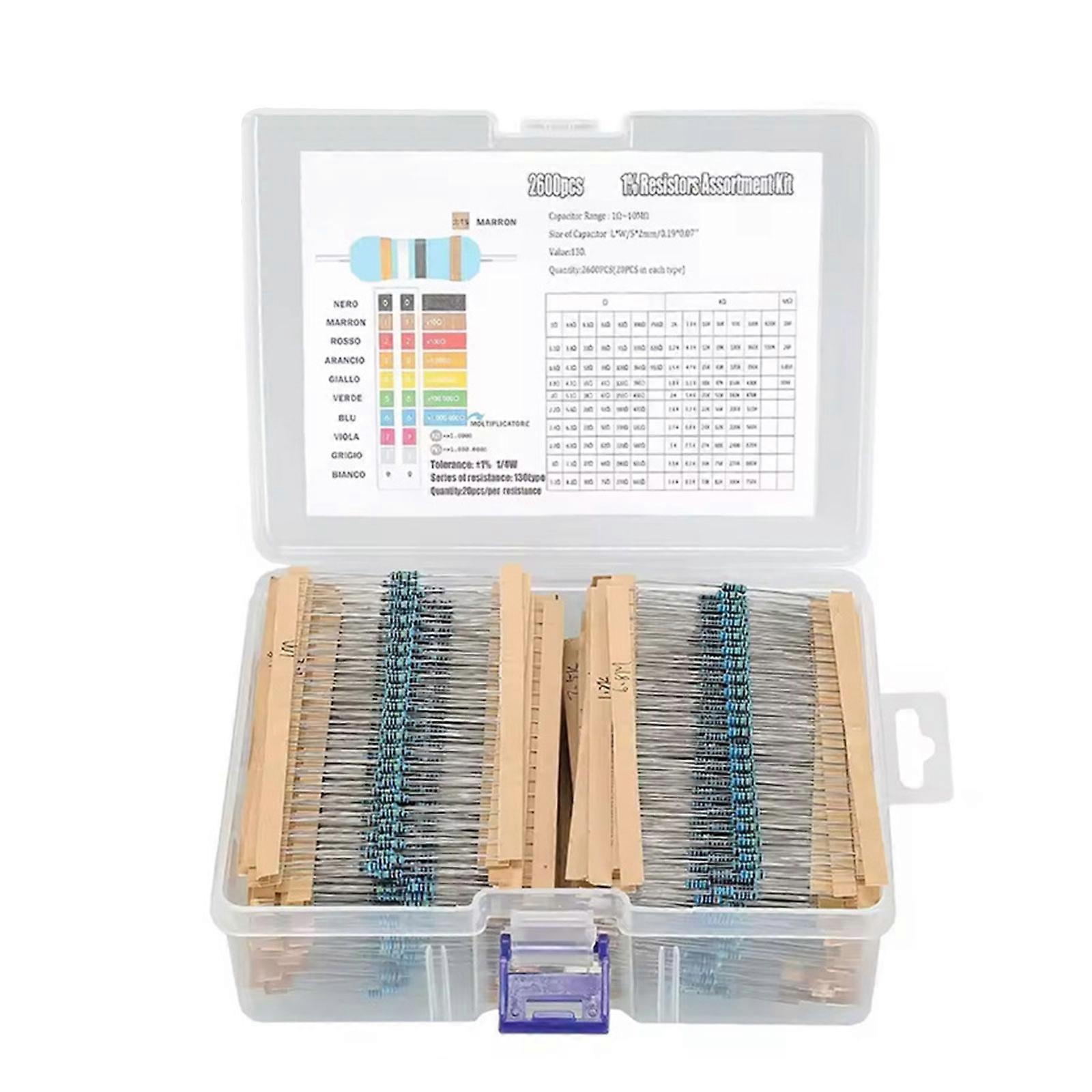 2600pcs Resistor Assortment Set 130 Value Resistance Set 1/8W 0.25W Film Resistor with Storage Box Electronic Component Multicolor