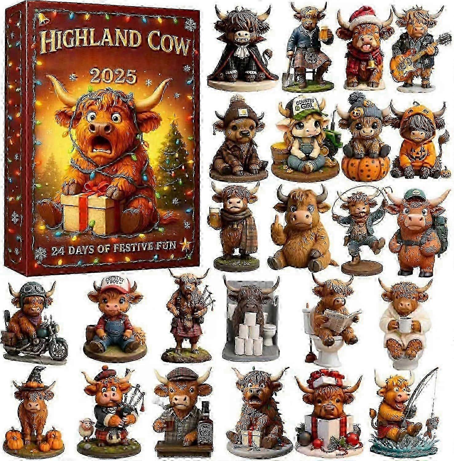 2025 Highland Cow Advent Countdown Calendar, 24-day Christmas Countdown Calendar, Comes With 24 Different 3D Miniature Highland Cow Decorations, Cute 