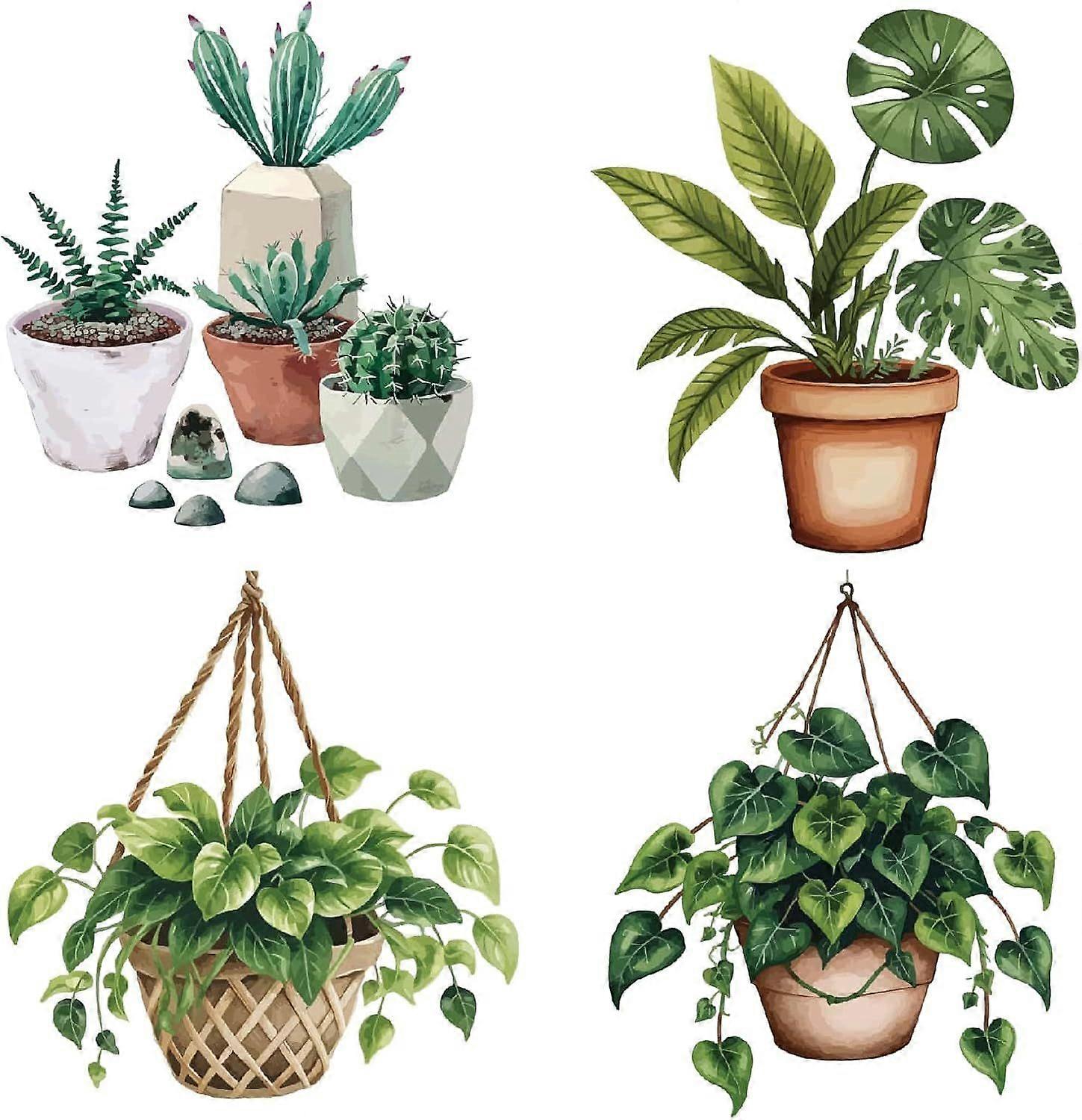 4Pcs 6.3x6.3 Inch Potted Plants Window Clings Cactus Green Leaves Greenery Hanging Plants Spring Glass Window Decals Anti-Collision Reusable Static St