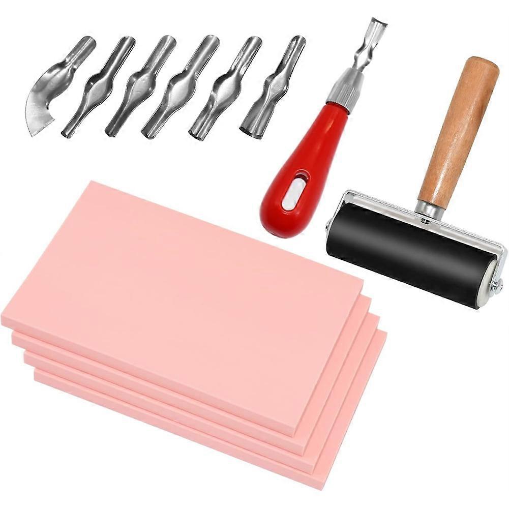 4 Pack Rubber Stamp Carving Blocks Pink Rubber Carving Blocks Linoleum Blocks with Cutter Tools for Stamp Maker
