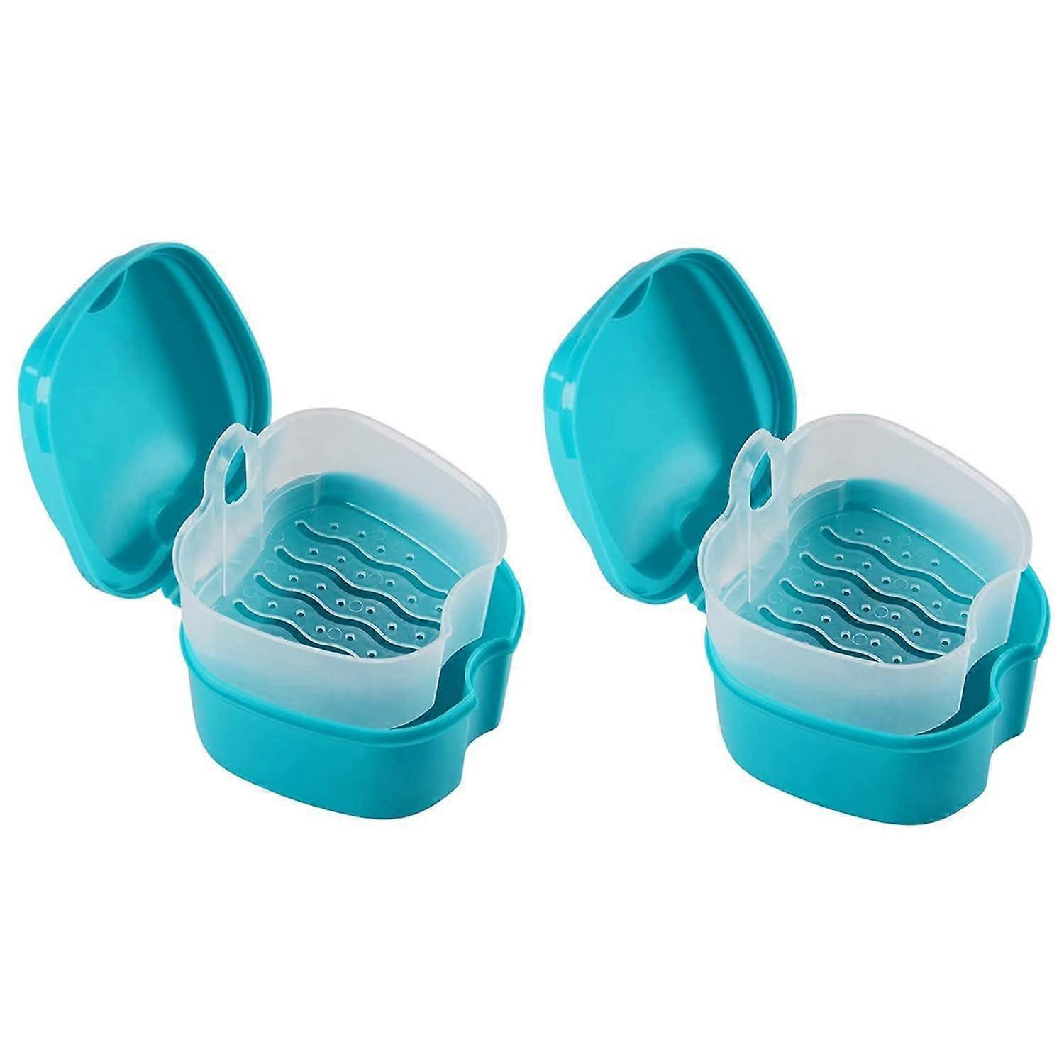 2X Blue Denture Case, Denture Cup with Strainer, Denture Bath False Teeth Storage Box with