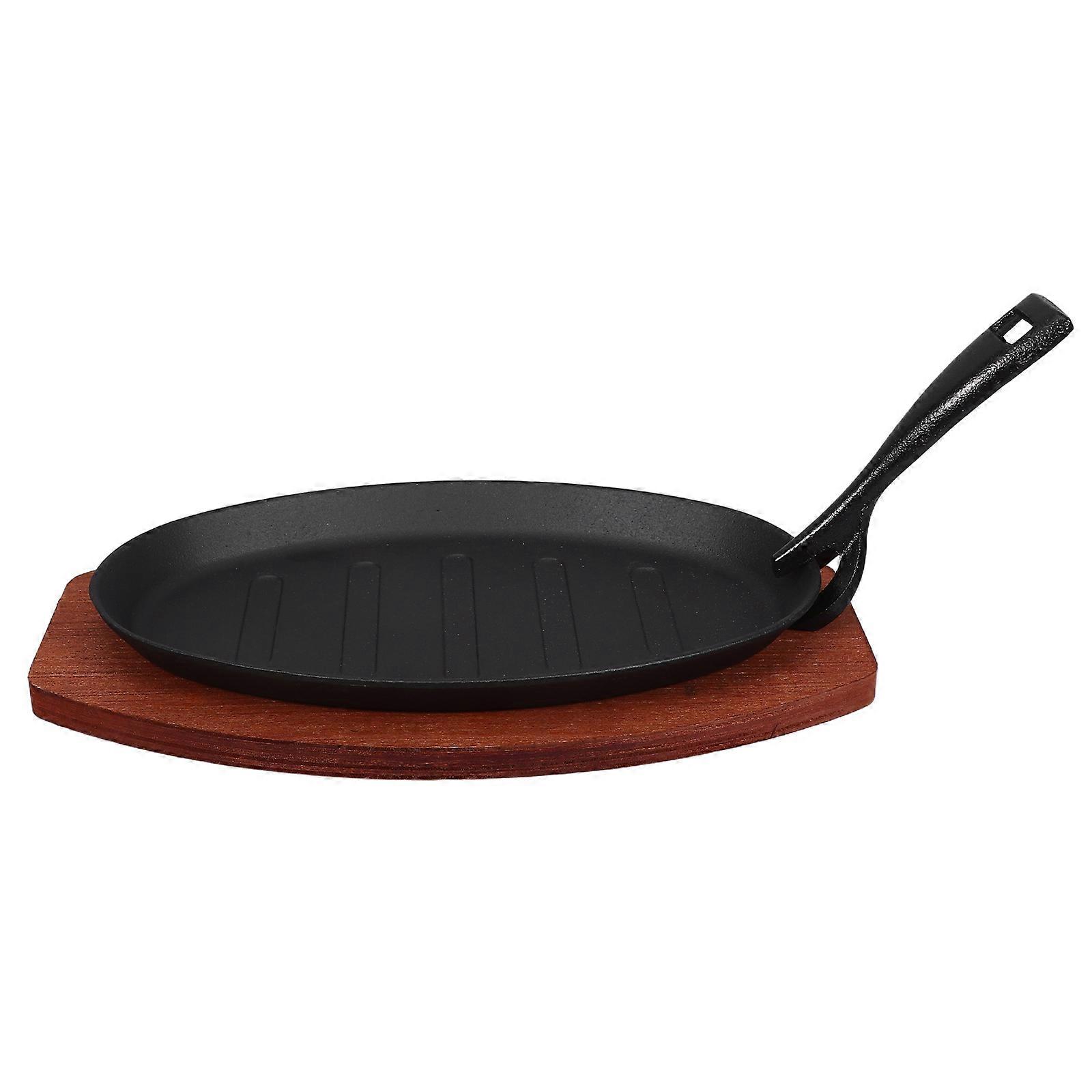 Griddle Pan Cast Iron for Kitchen 1Set with Wooden Base and Small Fork
