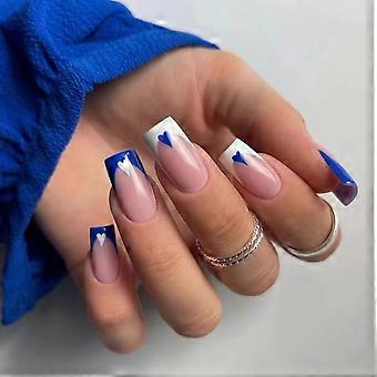 Press on Nails Set with Blue French Tip and Heart Design, Reusable Acrylic Fake Nails 24 Pcs
