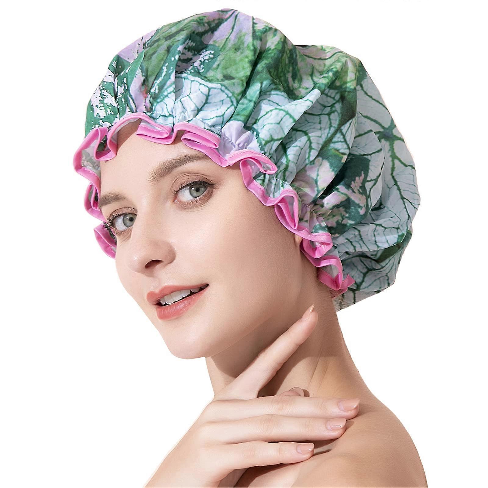 Waterproof Shower Cap for Long Hair Women, Double Layer Durable Reusable Bath Hat Leaf Pattern