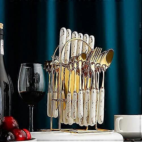 Stainless Steel Flatware Set for 6 with Gold Mirror Finish, Ceramic Handles and Storage Rack